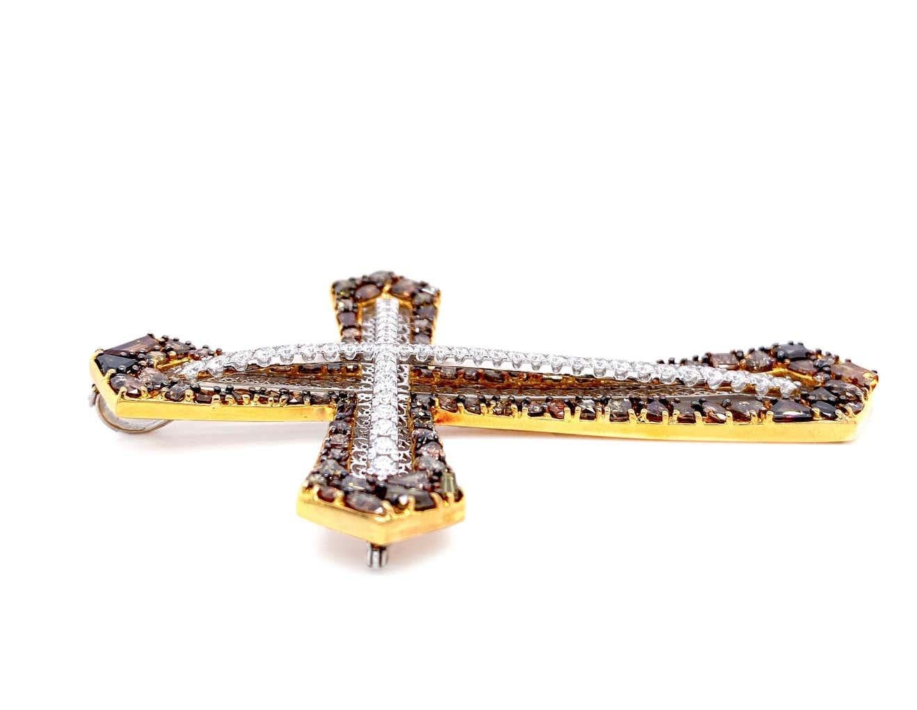 Baroque Revival Transformable Fancy Color Diamond Cross Brooch and Pendant by Dilys’ in 18K Gold For Sale