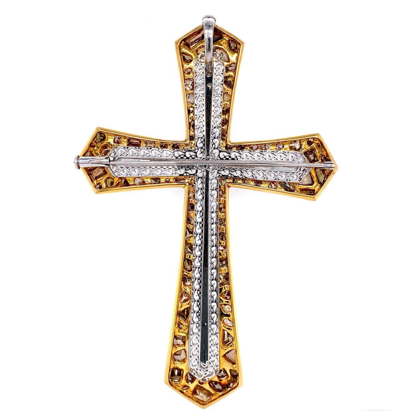 Mixed Cut Transformable Fancy Color Diamond Cross Brooch and Pendant by Dilys’ in 18K Gold For Sale