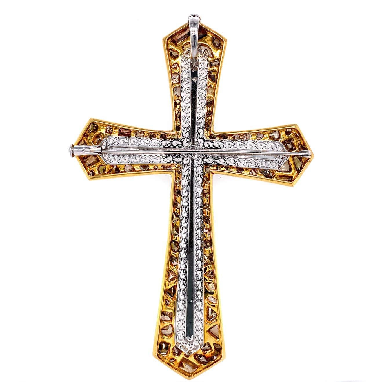 Mixed Cut Transformable Fancy Color Diamond Cross Brooch and Pendant by Dilys’ in 18K Gold For Sale