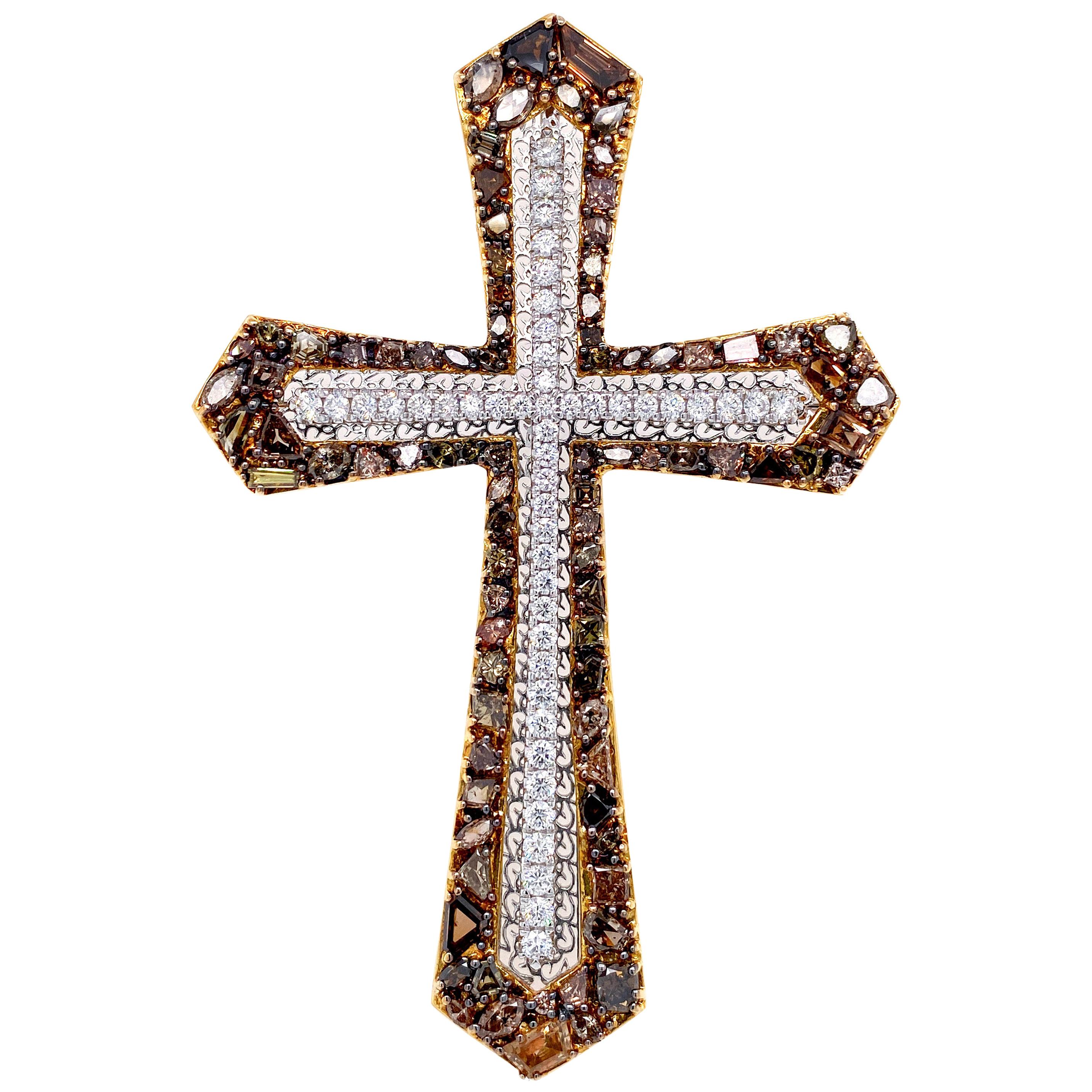 Transformable Fancy Color Diamond Cross Brooch and Pendant by Dilys’ in 18K Gold