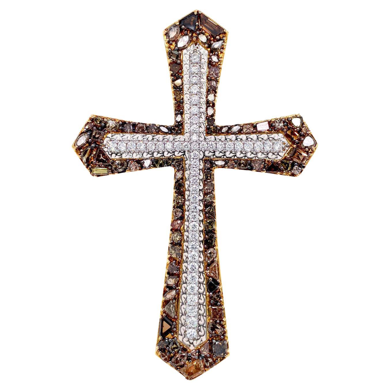 Transformable Fancy Color Diamond Cross Brooch and Pendant by Dilys’ in 18K Gold For Sale