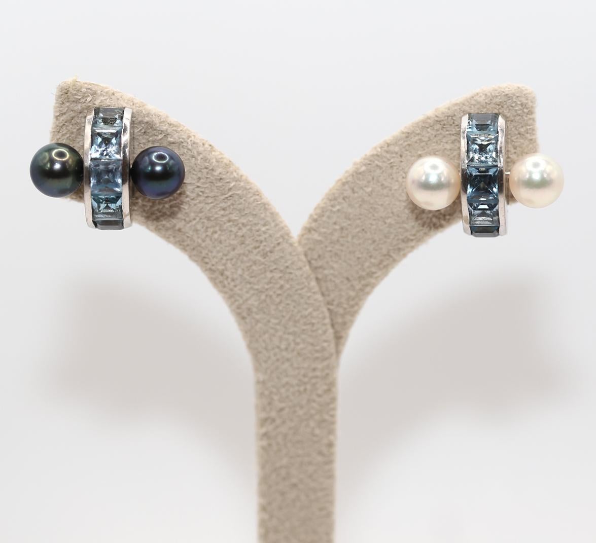 Boucles d'oreilles Transformer Aigue-marine Perle grise blanche Or blanc 18K, 2000 en vente 5