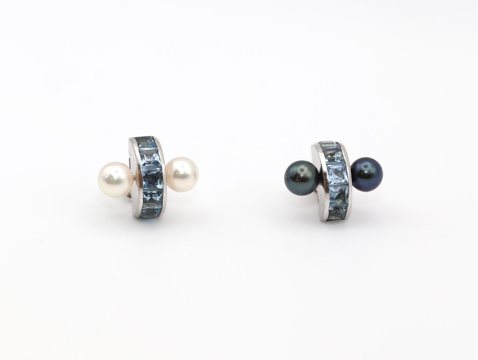 Boucles d'oreilles Transformer Aigue-marine Perle grise blanche Or blanc 18K, 2000 en vente 6