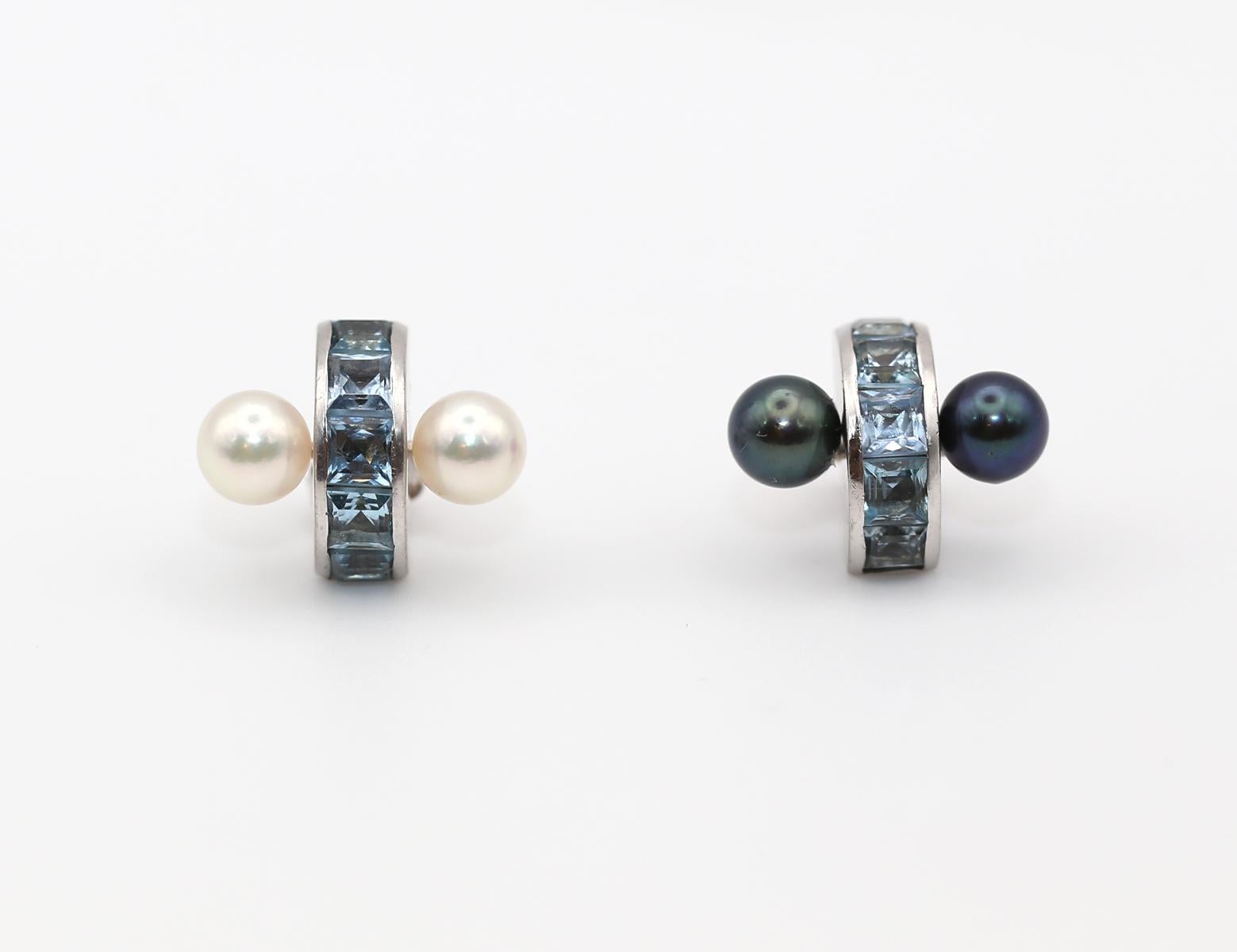 Boucles d'oreilles Transformer Aigue-marine Perle grise blanche Or blanc 18K, 2000 en vente 7