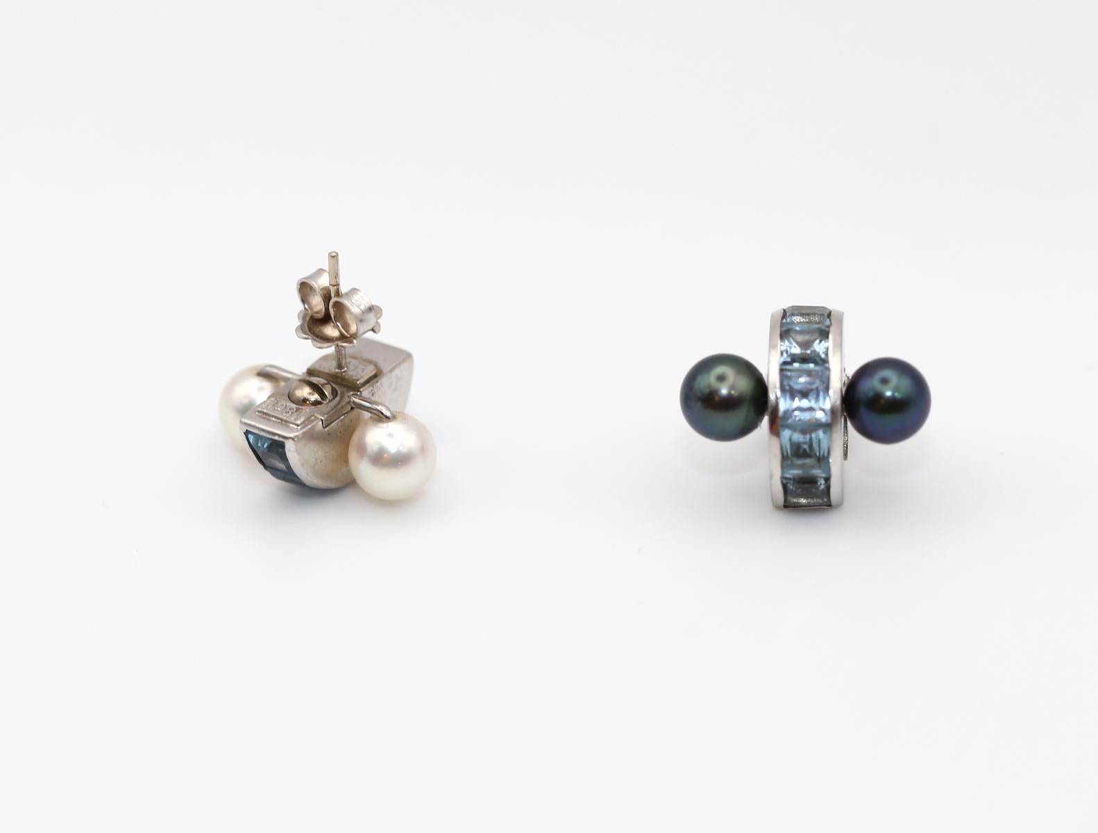 Boucles d'oreilles Transformer Aigue-marine Perle grise blanche Or blanc 18K, 2000 en vente 8