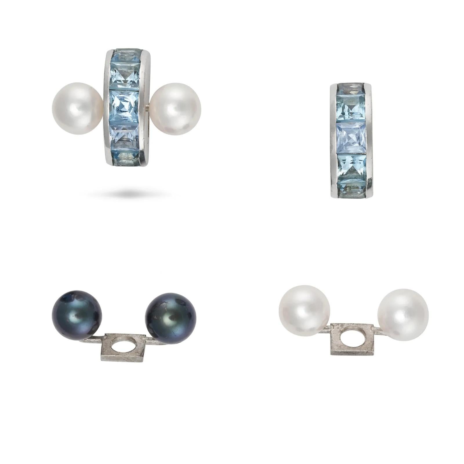 Paire de boucles d'oreilles interchangeables en aigue-marine et perles. Chaque boucle d'oreille peut être transformée en quelques minutes, passant des perles blanches aux perles gris foncé ou simplement aux clous d'aigue-marine ou même à un