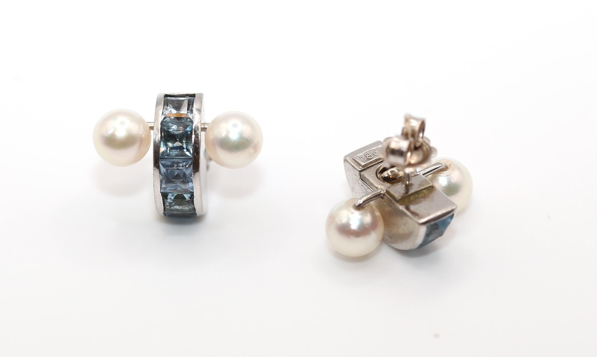 Taille princesse Boucles d'oreilles Transformer Aigue-marine Perle grise blanche Or blanc 18K, 2000 en vente