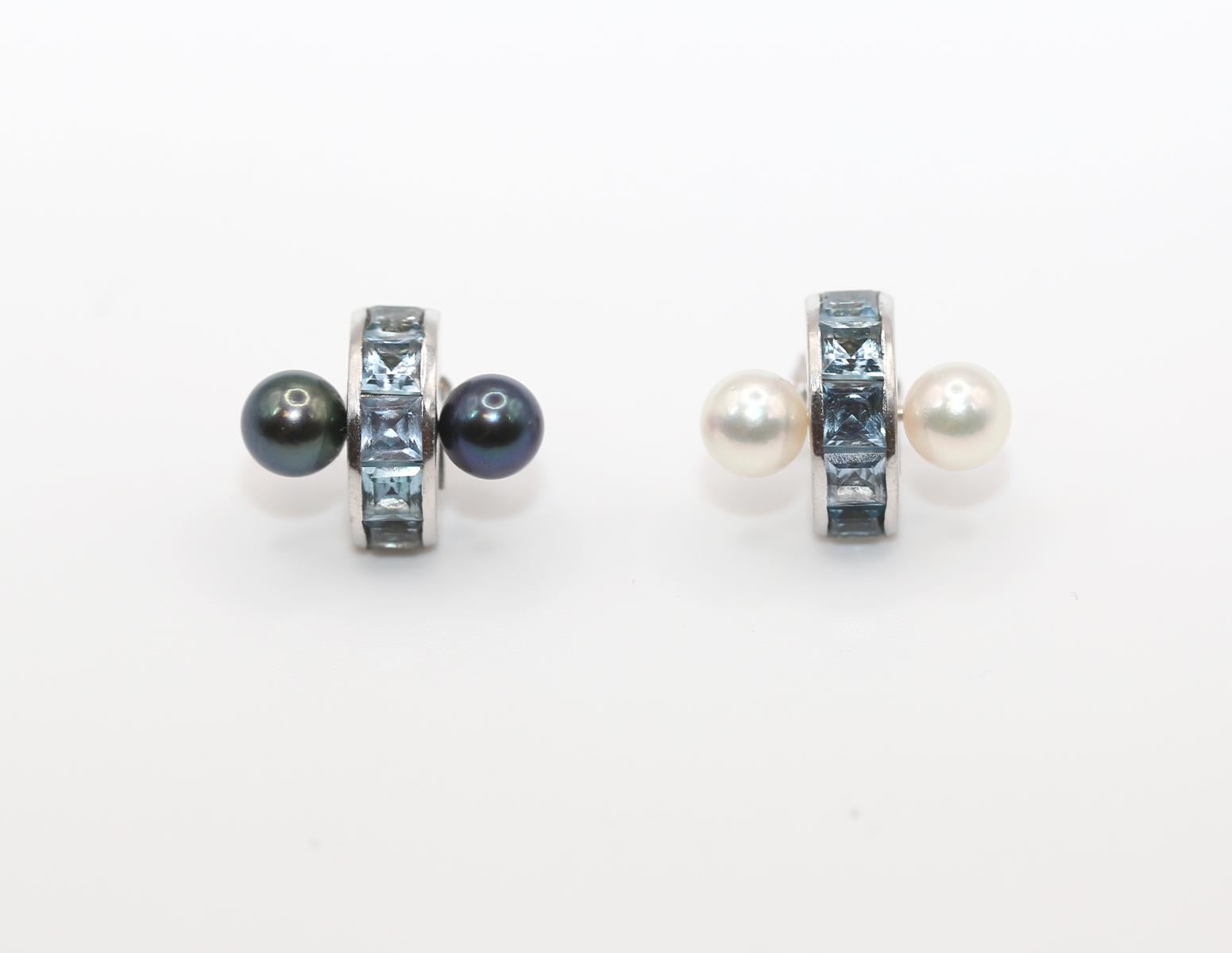 Boucles d'oreilles Transformer Aigue-marine Perle grise blanche Or blanc 18K, 2000 en vente 2