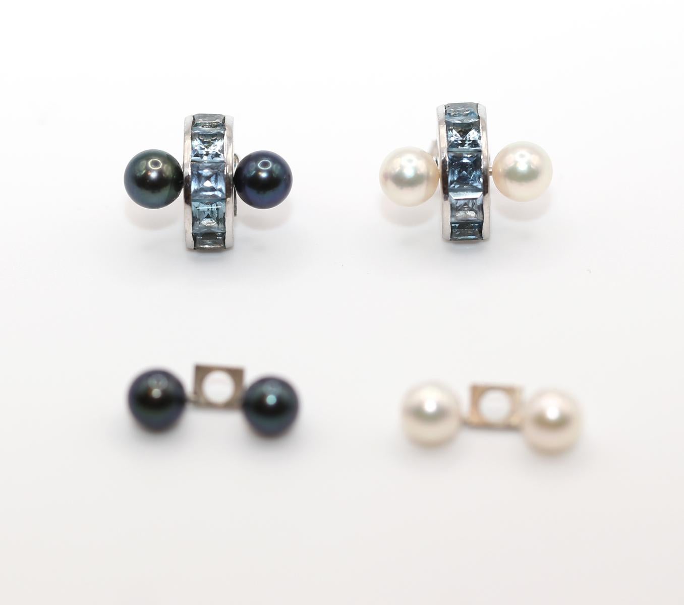 Boucles d'oreilles Transformer Aigue-marine Perle grise blanche Or blanc 18K, 2000 en vente 3