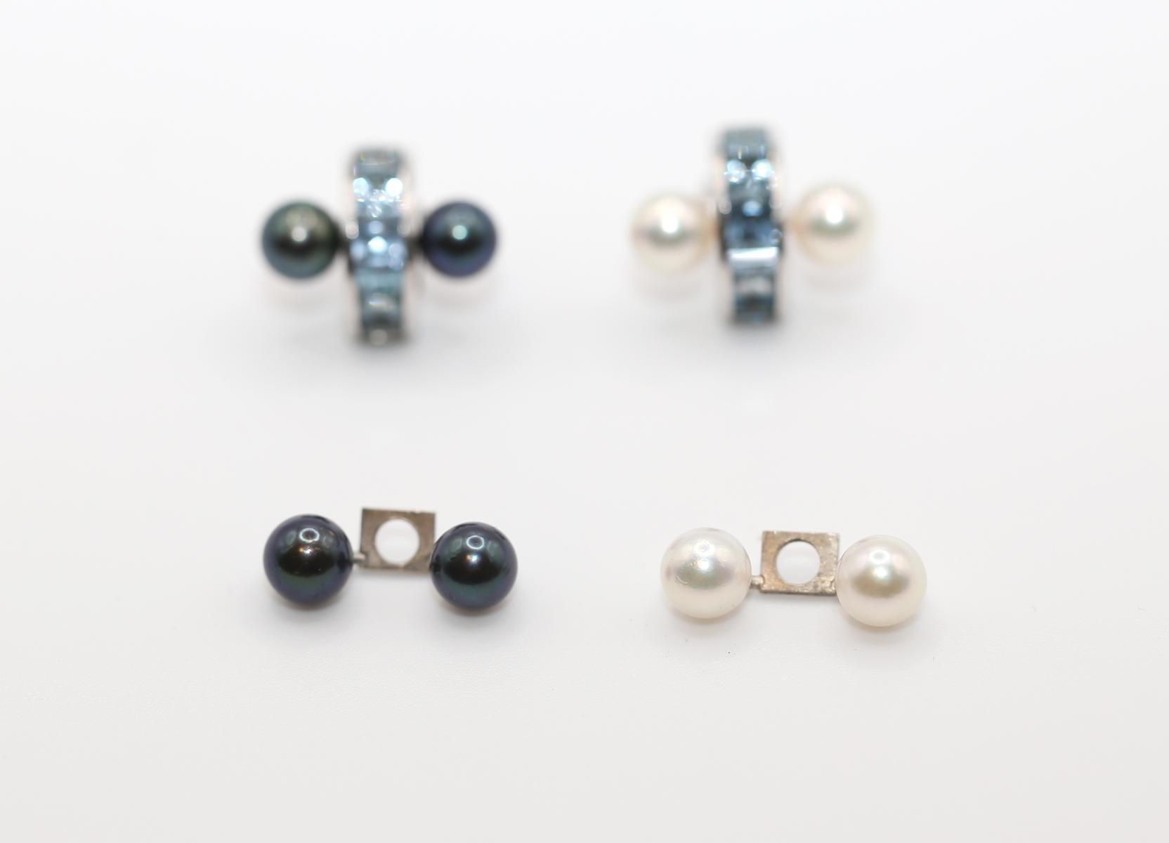 Boucles d'oreilles Transformer Aigue-marine Perle grise blanche Or blanc 18K, 2000 en vente 4