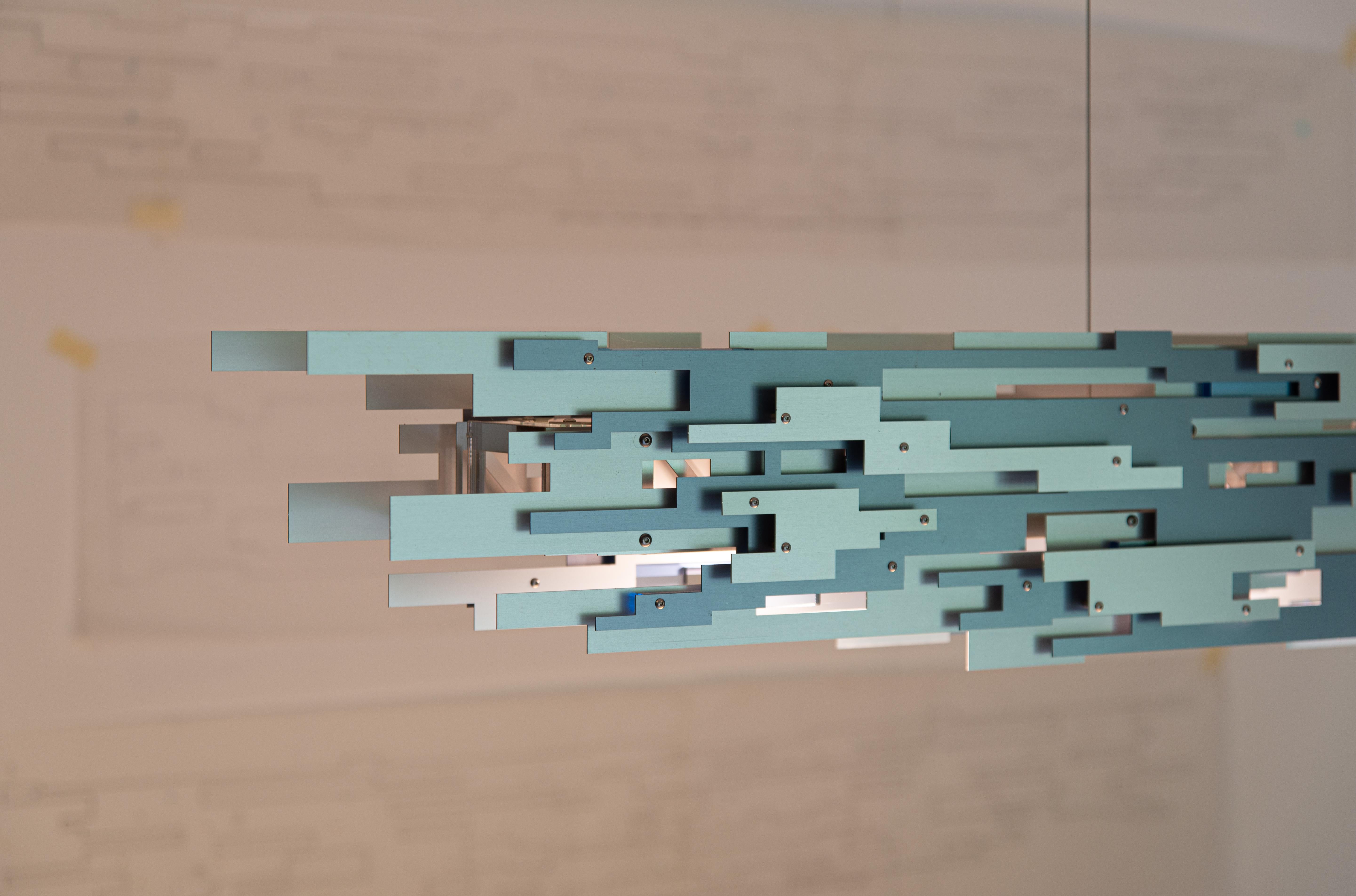 Modern Transit Linear Chandelier in Blue and Silver Aluminum by David D’Imperio For Sale