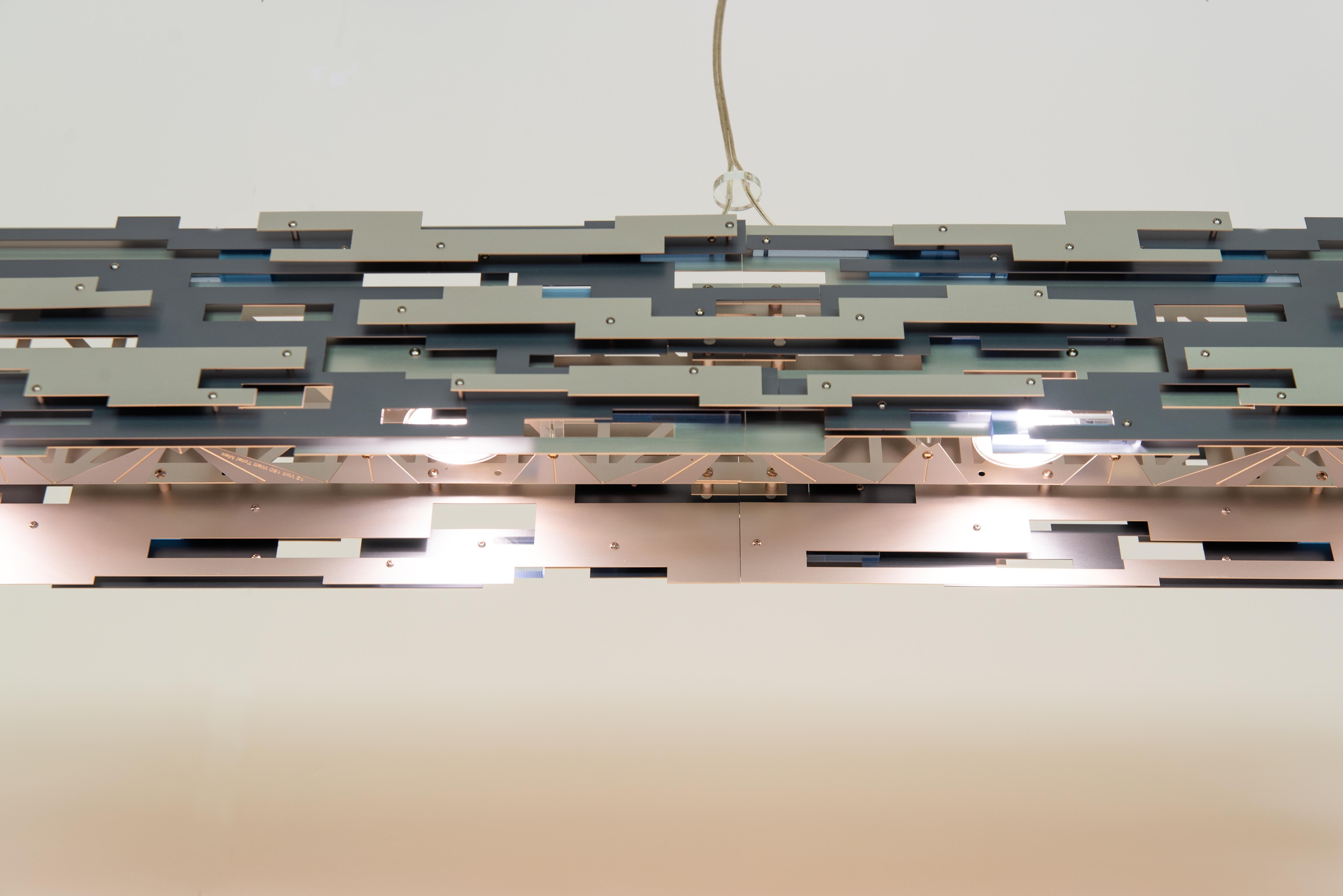 Transit Linear Chandelier in Blue and Silver Aluminum by David D’Imperio In New Condition For Sale In Deland, FL