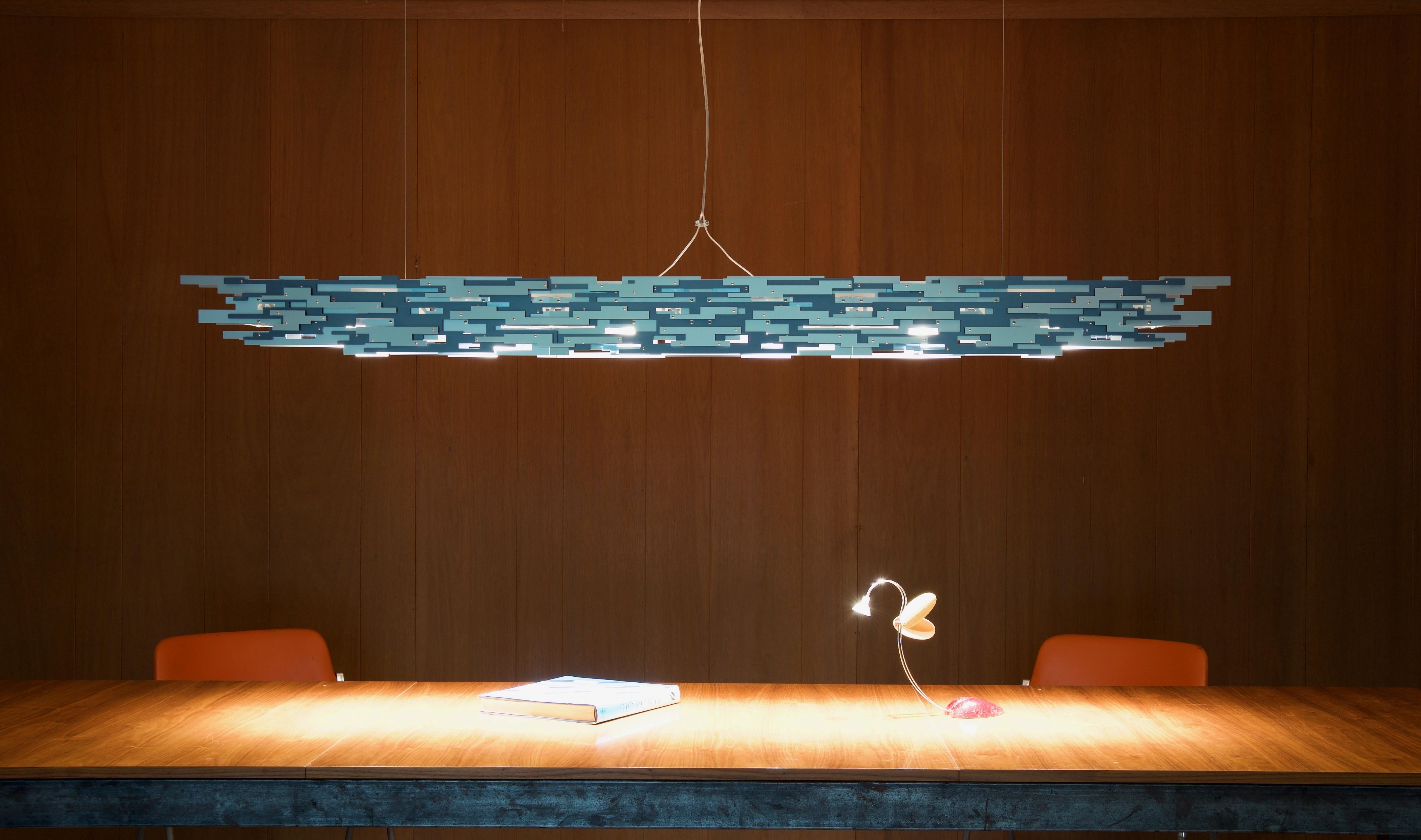 Contemporary Transit Linear Chandelier in Blue and Silver Aluminum by David D’Imperio For Sale
