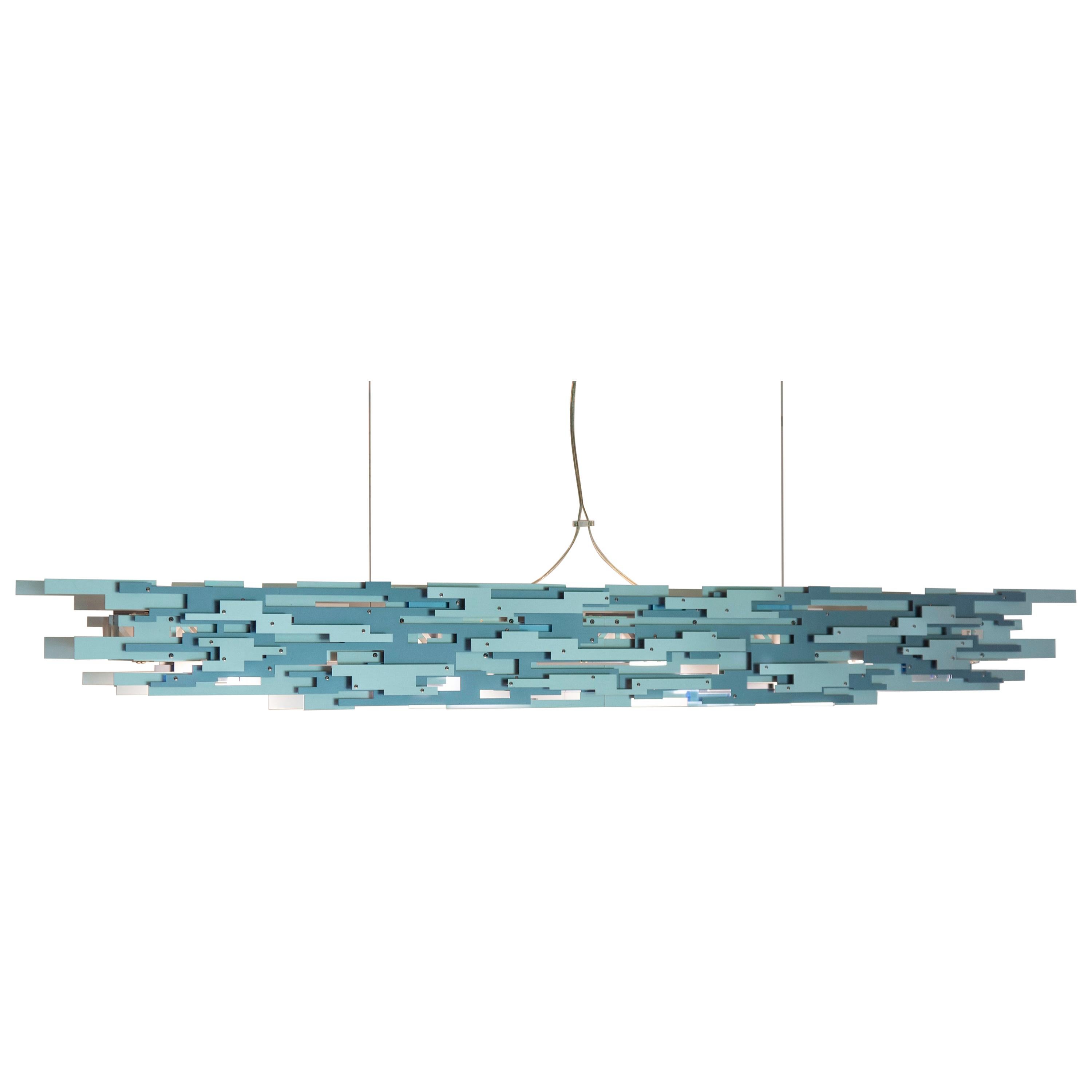 Transit Linear Chandelier in Blue and Silver Aluminum by David D’Imperio For Sale