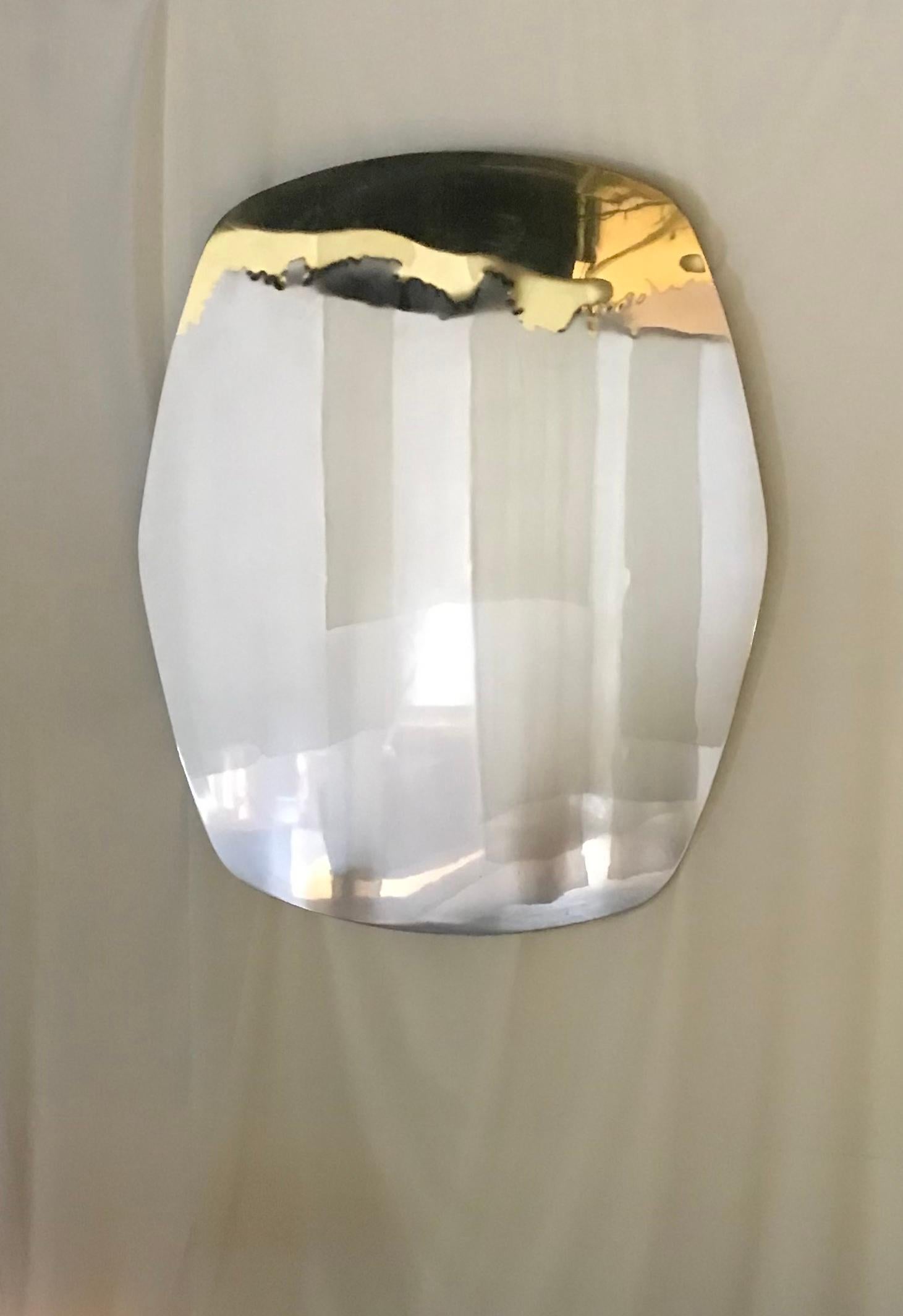 Modern Transition Mirror in Polished Bi-Metal Finish Stainless Steel and Brass For Sale