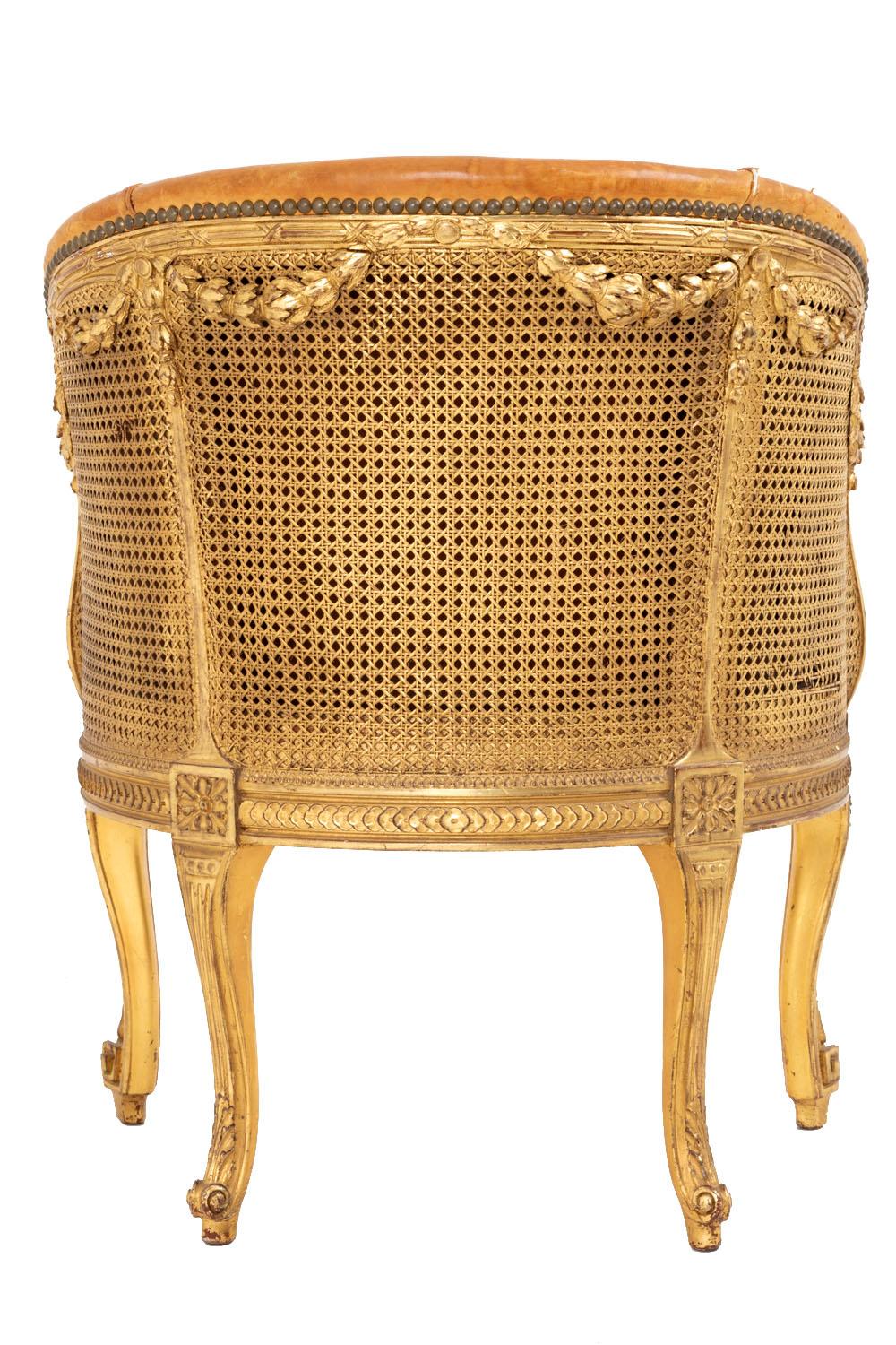 Louis XV Transition Style Bergere in Giltwood and Leather, circa 1880