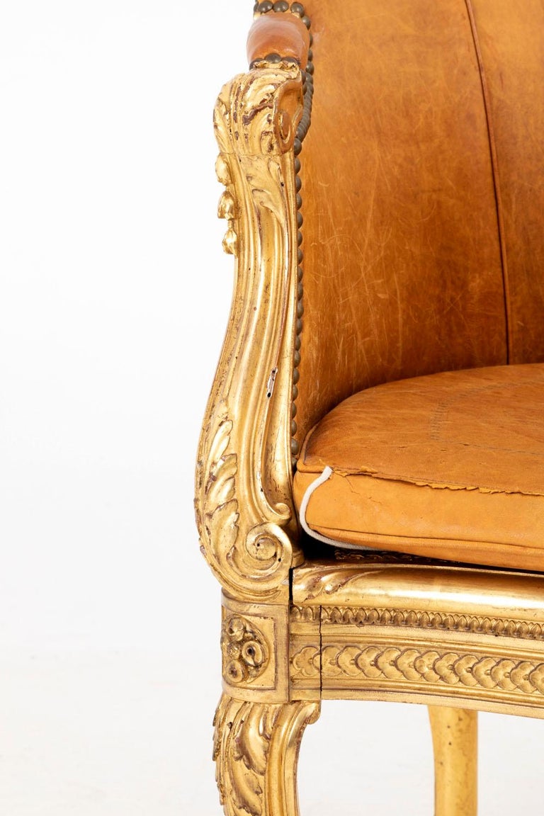 European Transition Style Bergere in Giltwood and Leather, circa 1880