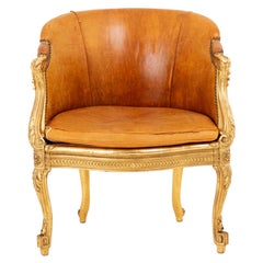 Bergere di transizione in legno dorato e pelle, circa 1880
