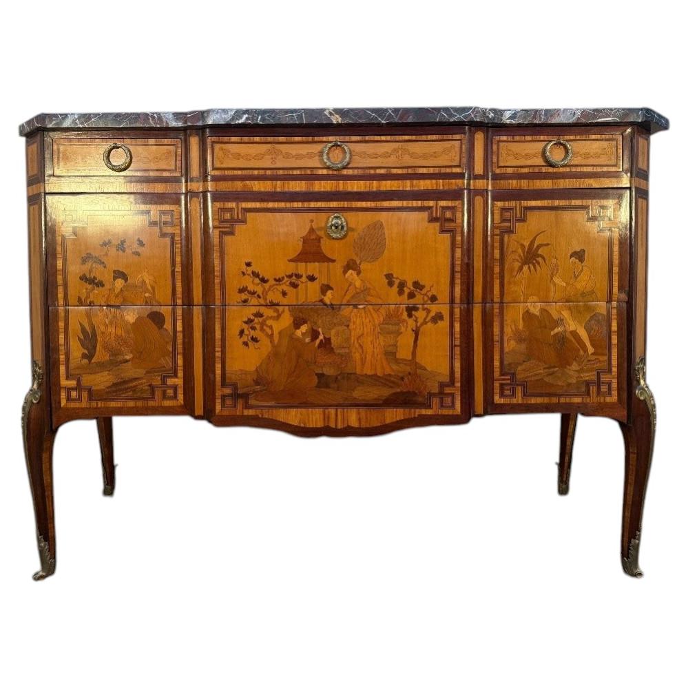 Transition Style Commode in Chinoiserie Marquetry with its Breccia Marble Top For Sale