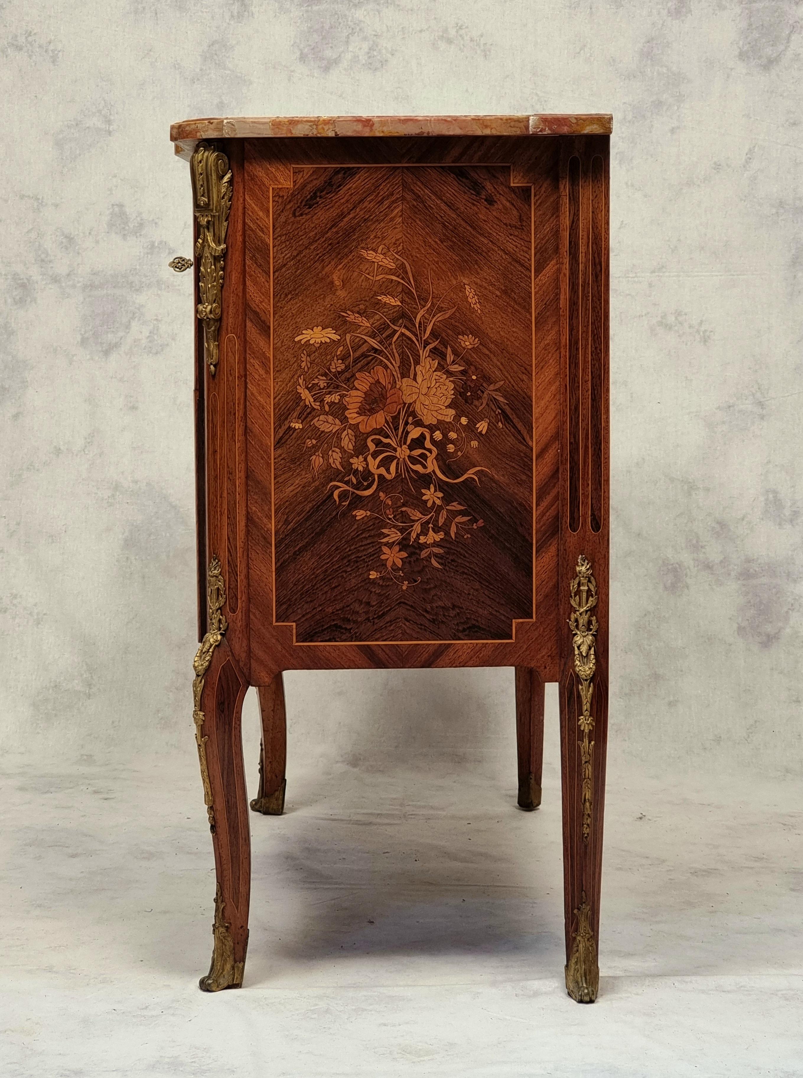 Louis XVI Transition Style Commode Napoleon III Period - Floral Marquetry - Rosewood - 19t