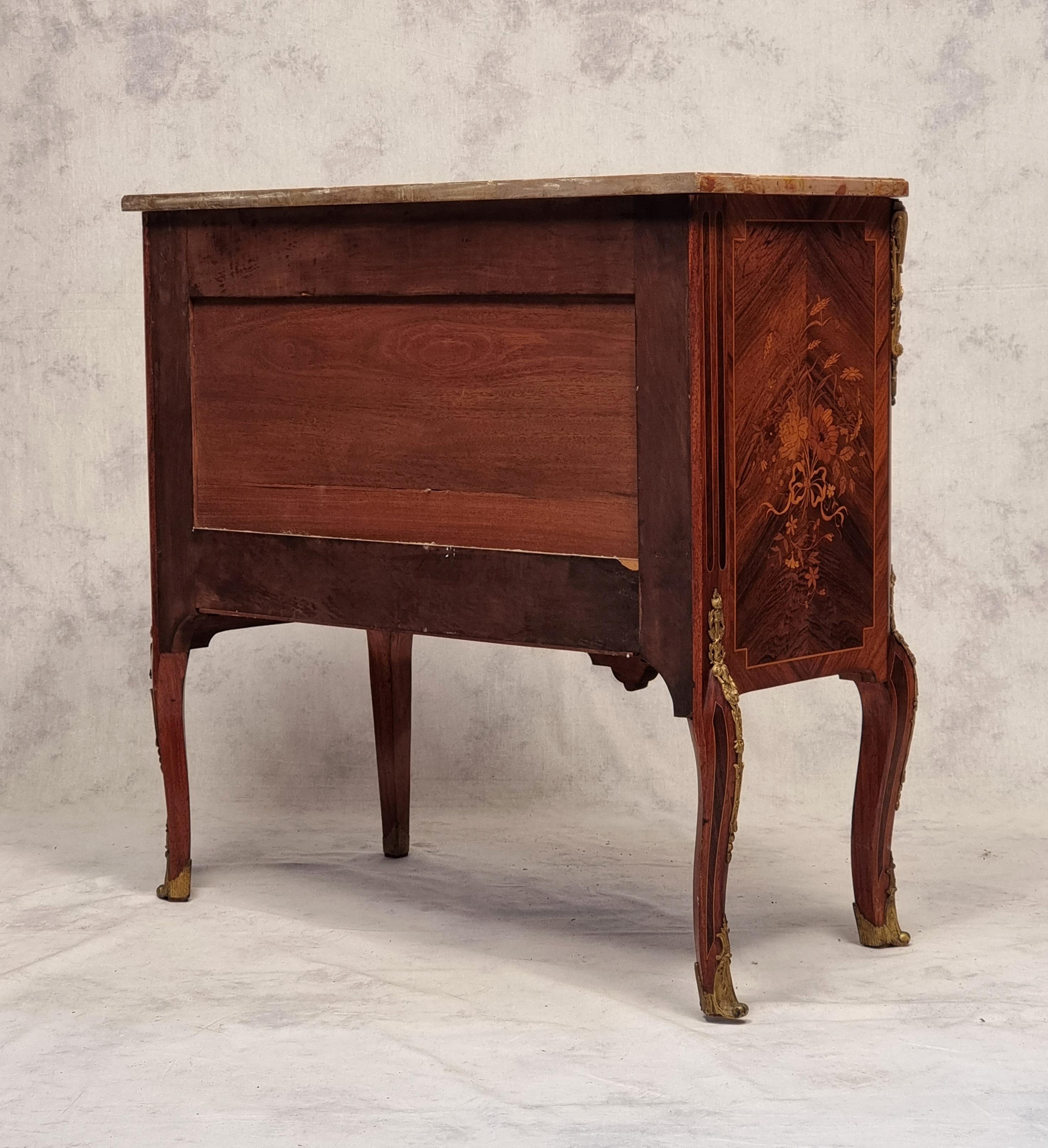 French Transition Style Commode Napoleon III Period - Floral Marquetry - Rosewood - 19t