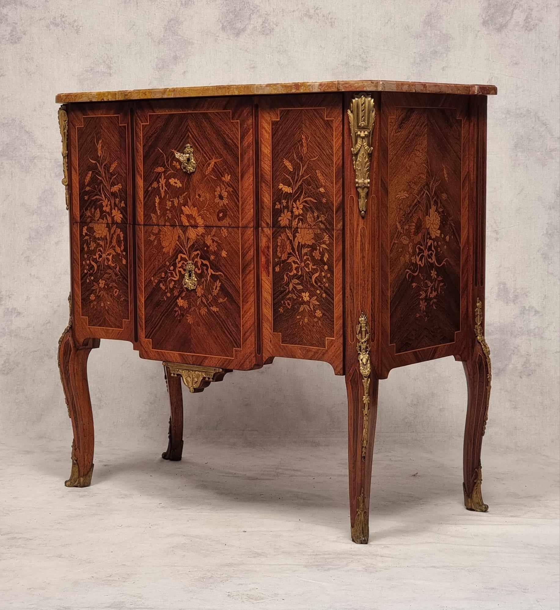Transition Style Commode Napoleon III Period - Floral Marquetry - Rosewood - 19t 1