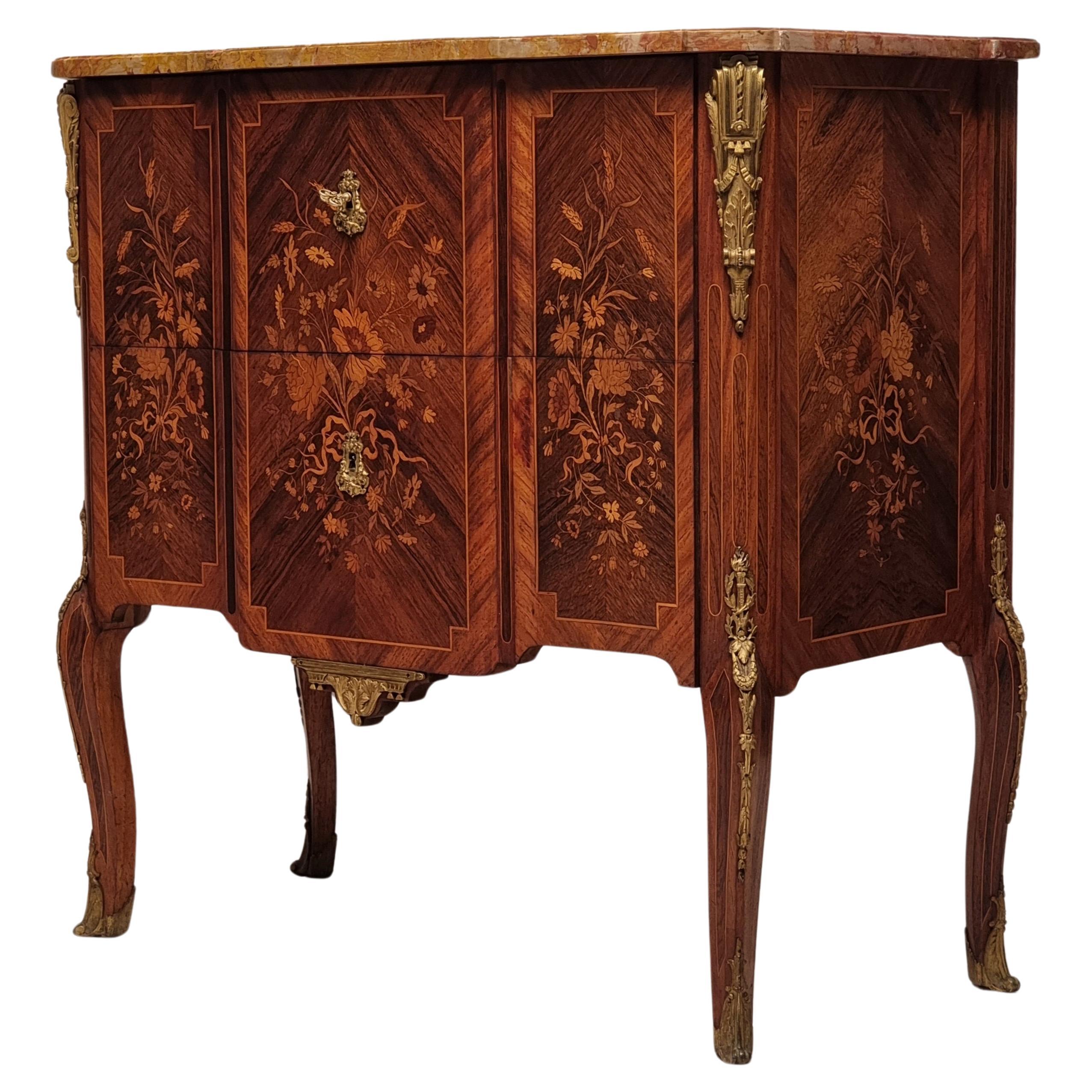 Transition Style Commode Napoleon III Period - Floral Marquetry - Rosewood - 19t