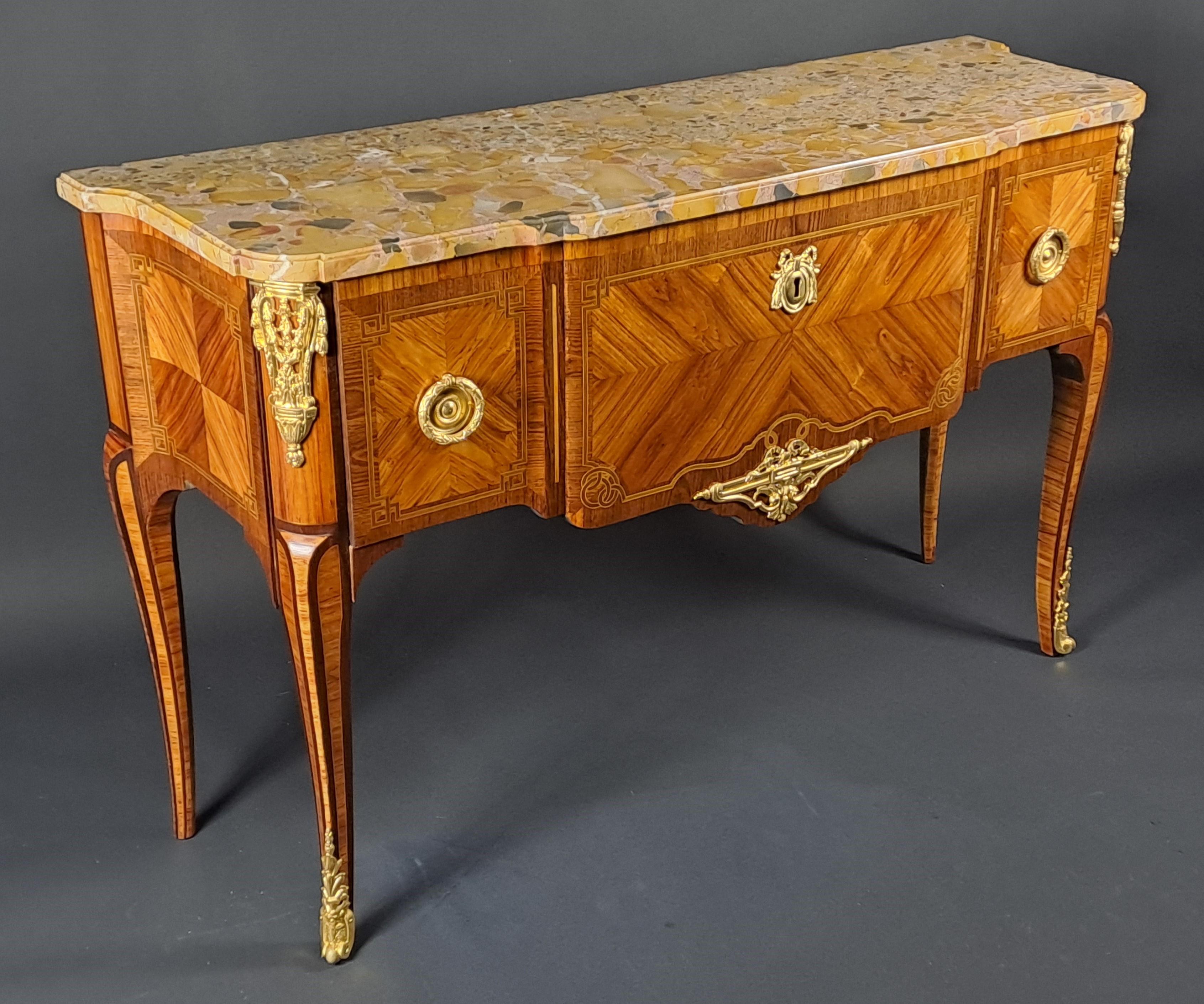 Louis XV Transition Style Marquetry And Gilt Bronze  Commode For Sale