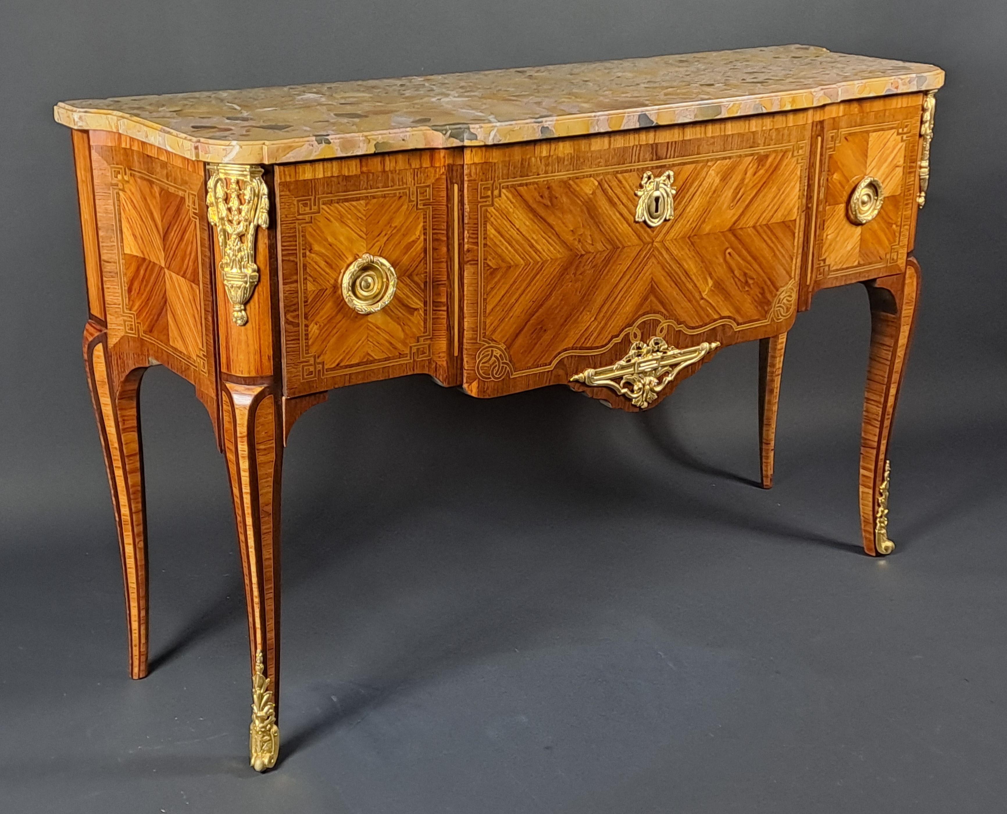 French Transition Style Marquetry And Gilt Bronze  Commode For Sale
