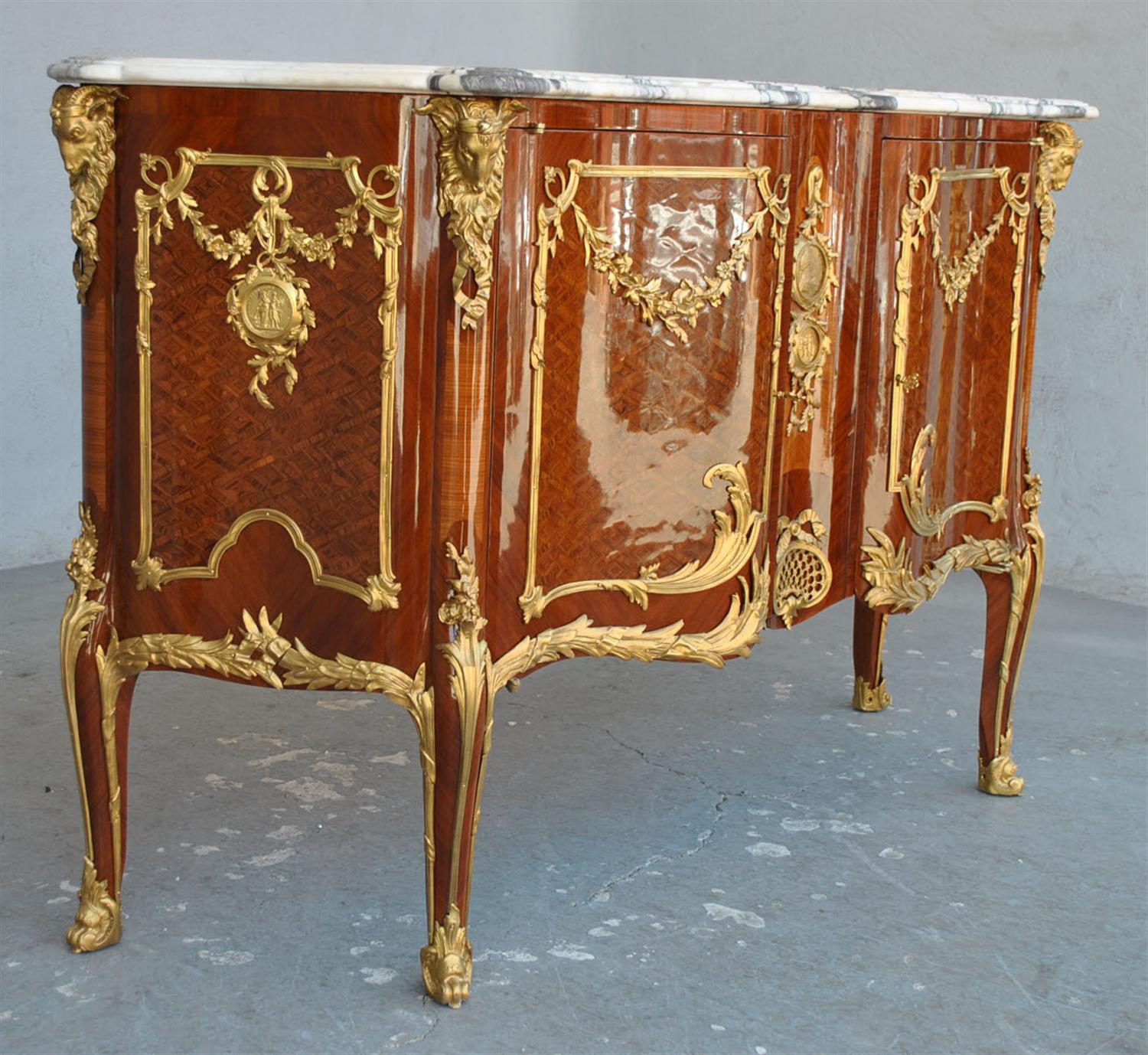 Louis XV Transition Style Sideboard with Marquetry Inlaid and Gilt Bronze For Sale