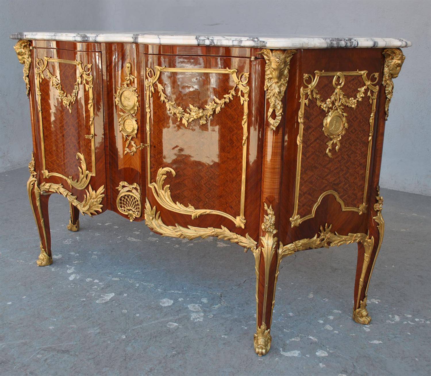 French Transition Style Sideboard with Marquetry Inlaid and Gilt Bronze For Sale