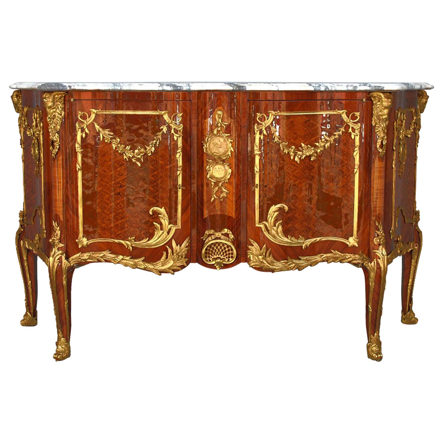 Transition Style Sideboard with Marquetry Inlaid and Gilt Bronze For Sale