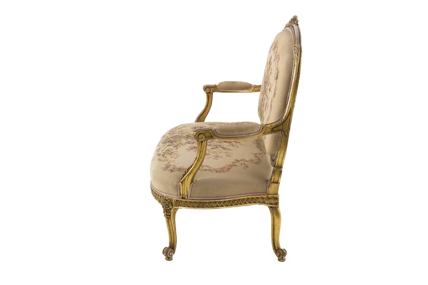 French Transition Style Sofa in Giltwood and Tapestry, circa 1880