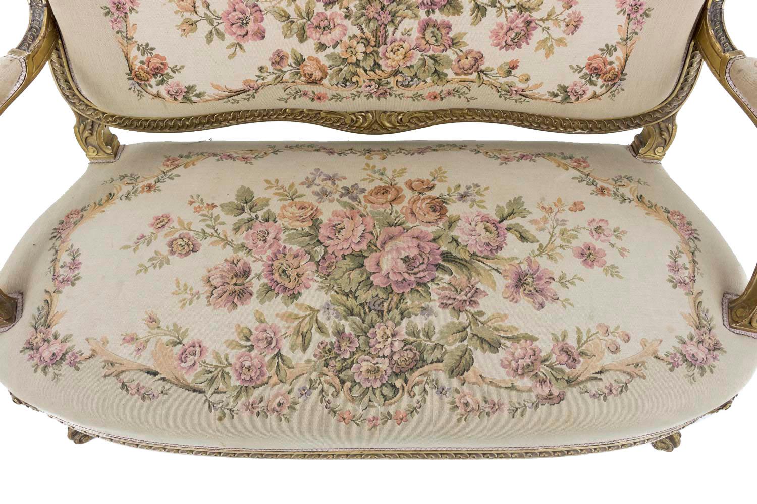 19th Century Transition Style Sofa in Giltwood and Tapestry, circa 1880