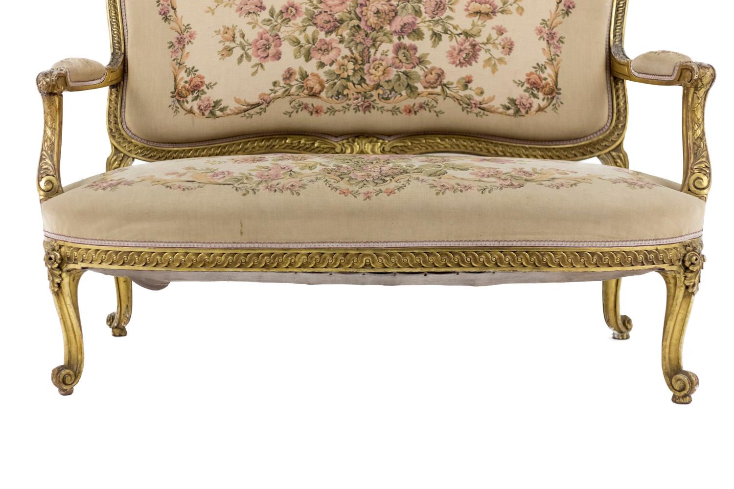 Transition Style Sofa in Giltwood and Tapestry, circa 1880 2