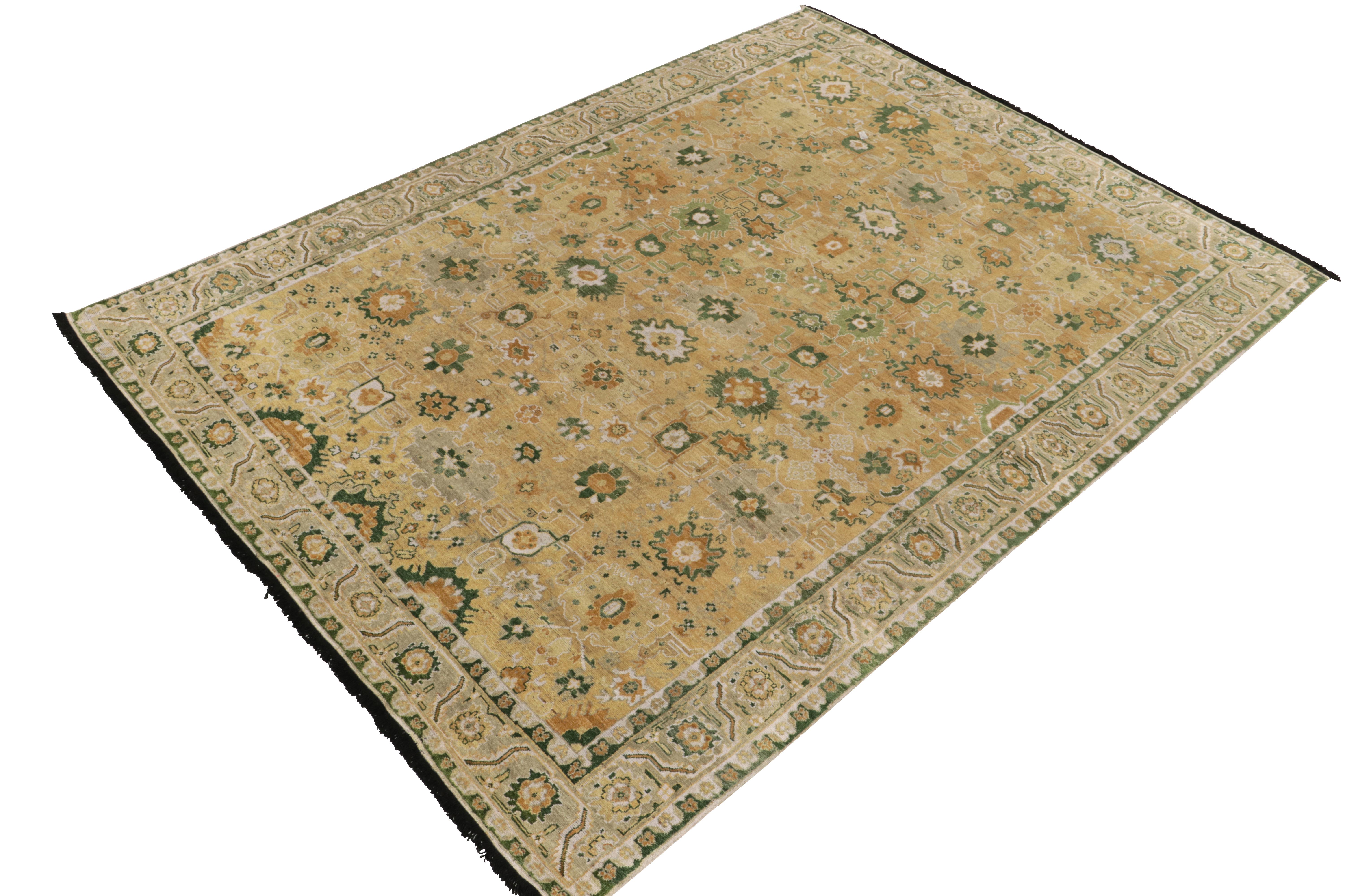 Tribal Rug & Kilim's Transitional Agra Style Rug in Green, Gold & White Floral Pattern For Sale