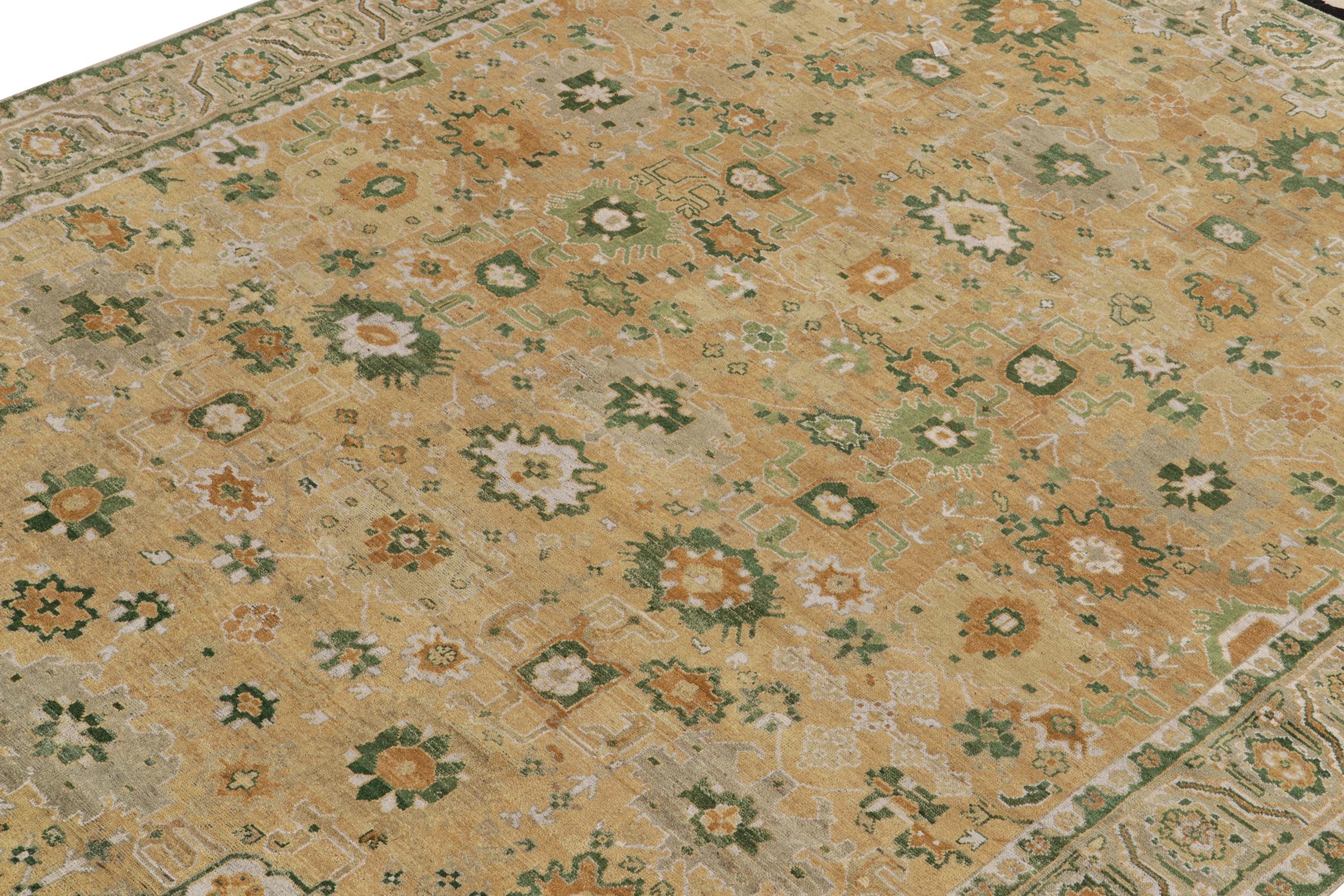 Indian Rug & Kilim's Transitional Agra Style Rug in Green, Gold & White Floral Pattern For Sale