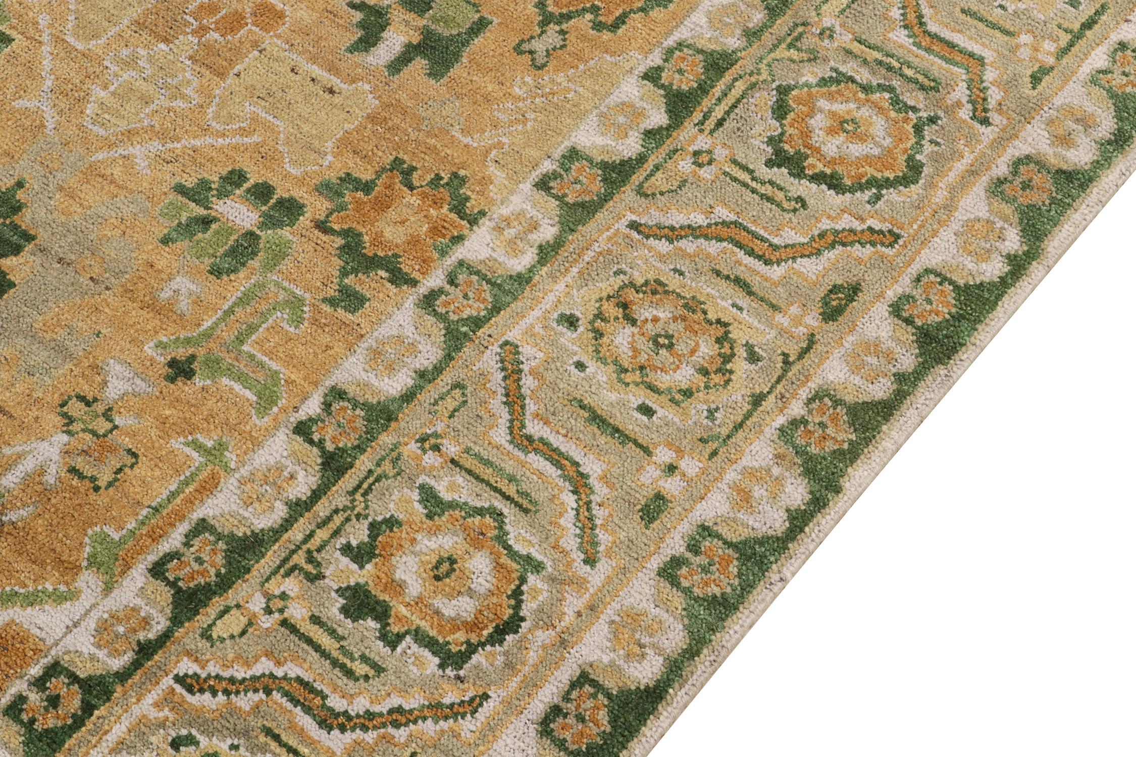 Hand-Knotted Rug & Kilim's Transitional Agra Style Rug in Green, Gold & White Floral Pattern For Sale