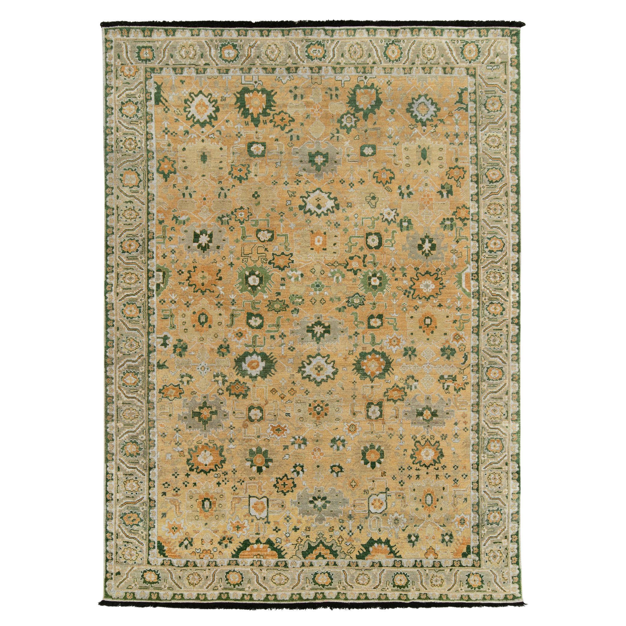 Rug & Kilim's Transitional Agra Style Rug in Green, Gold & White Floral Pattern For Sale