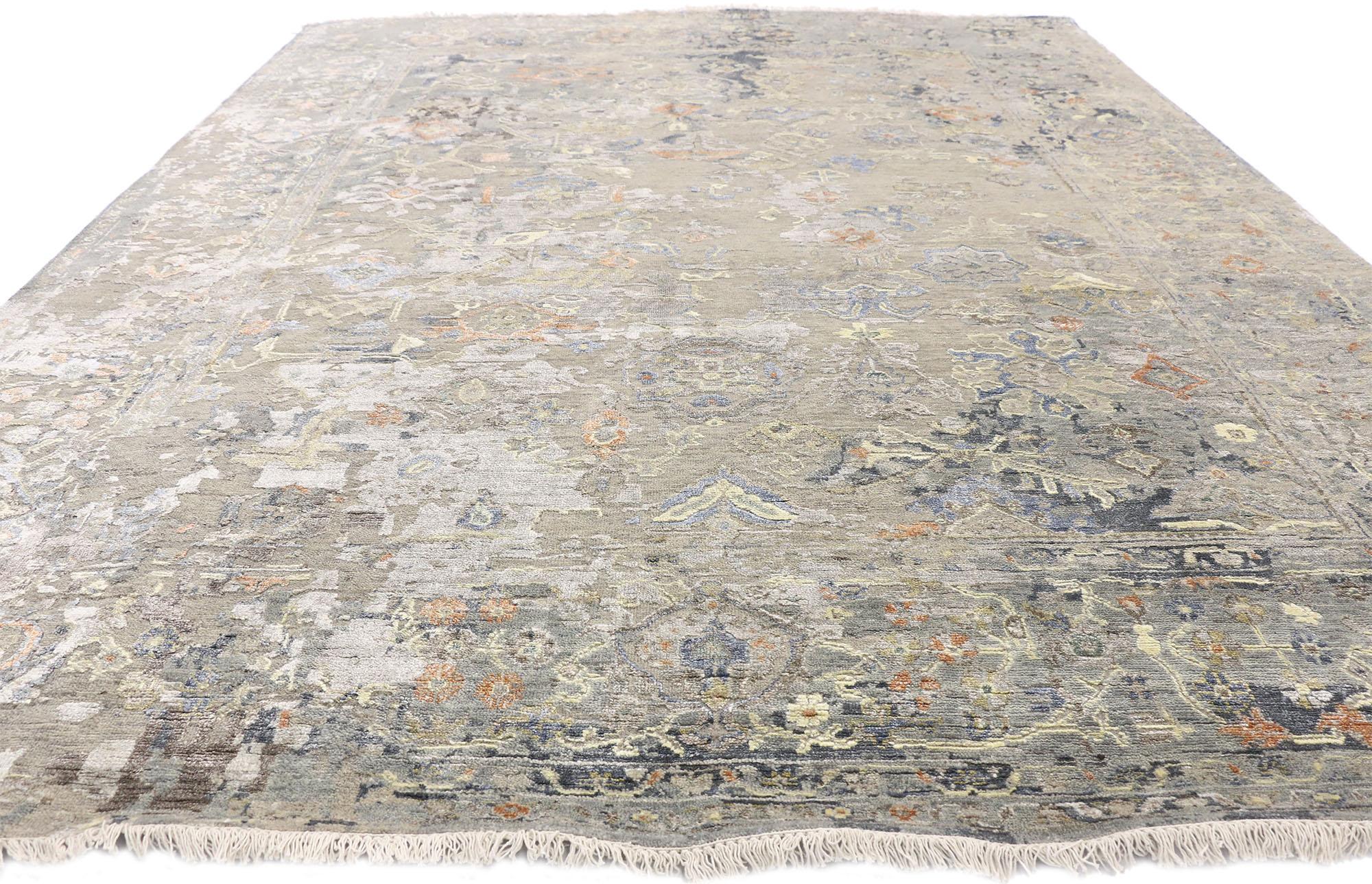 Indian Transitional Area Rug with Oushak Pattern and Chinoiserie Style