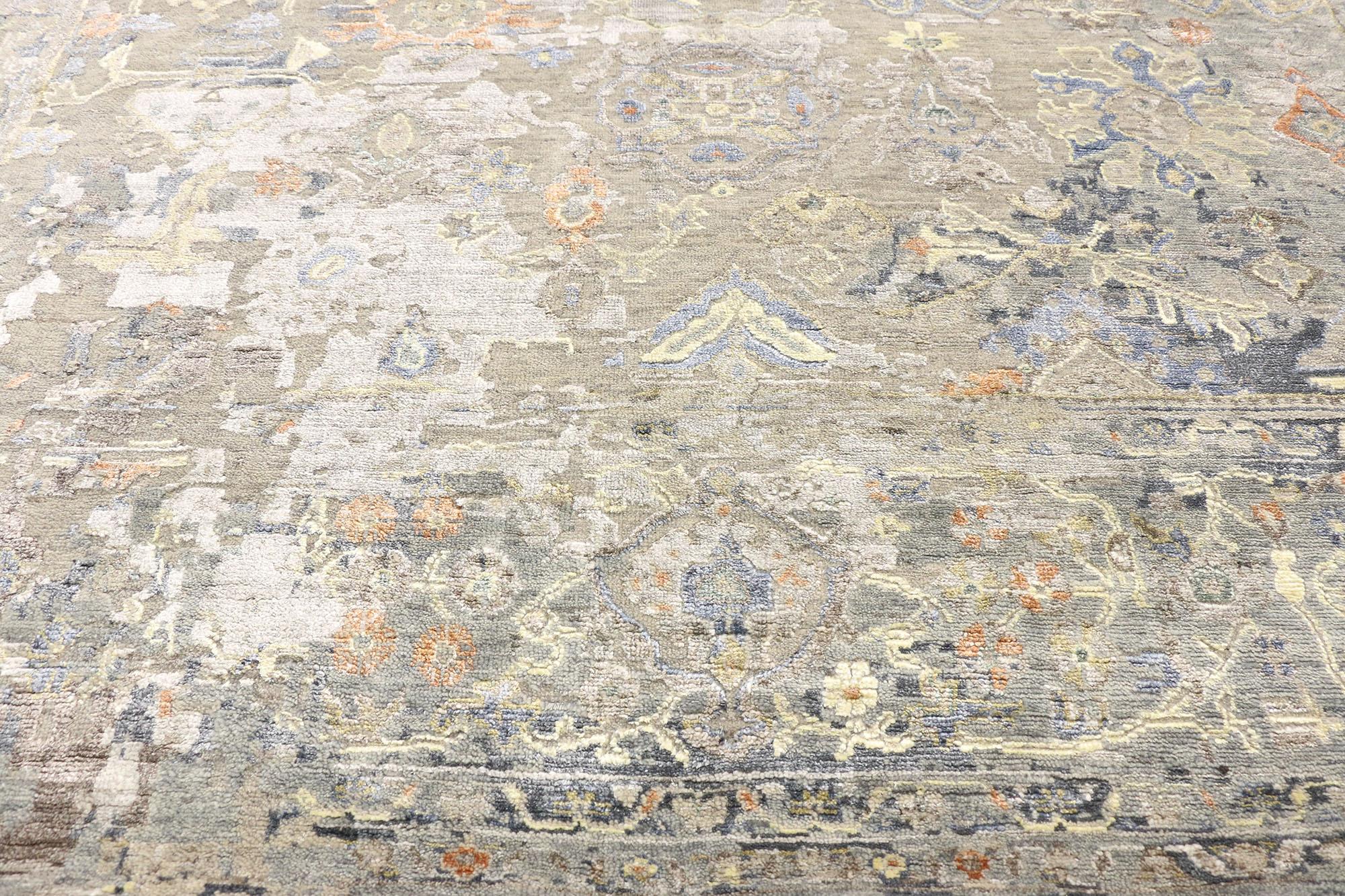 Hand-Knotted Transitional Area Rug with Oushak Pattern and Chinoiserie Style