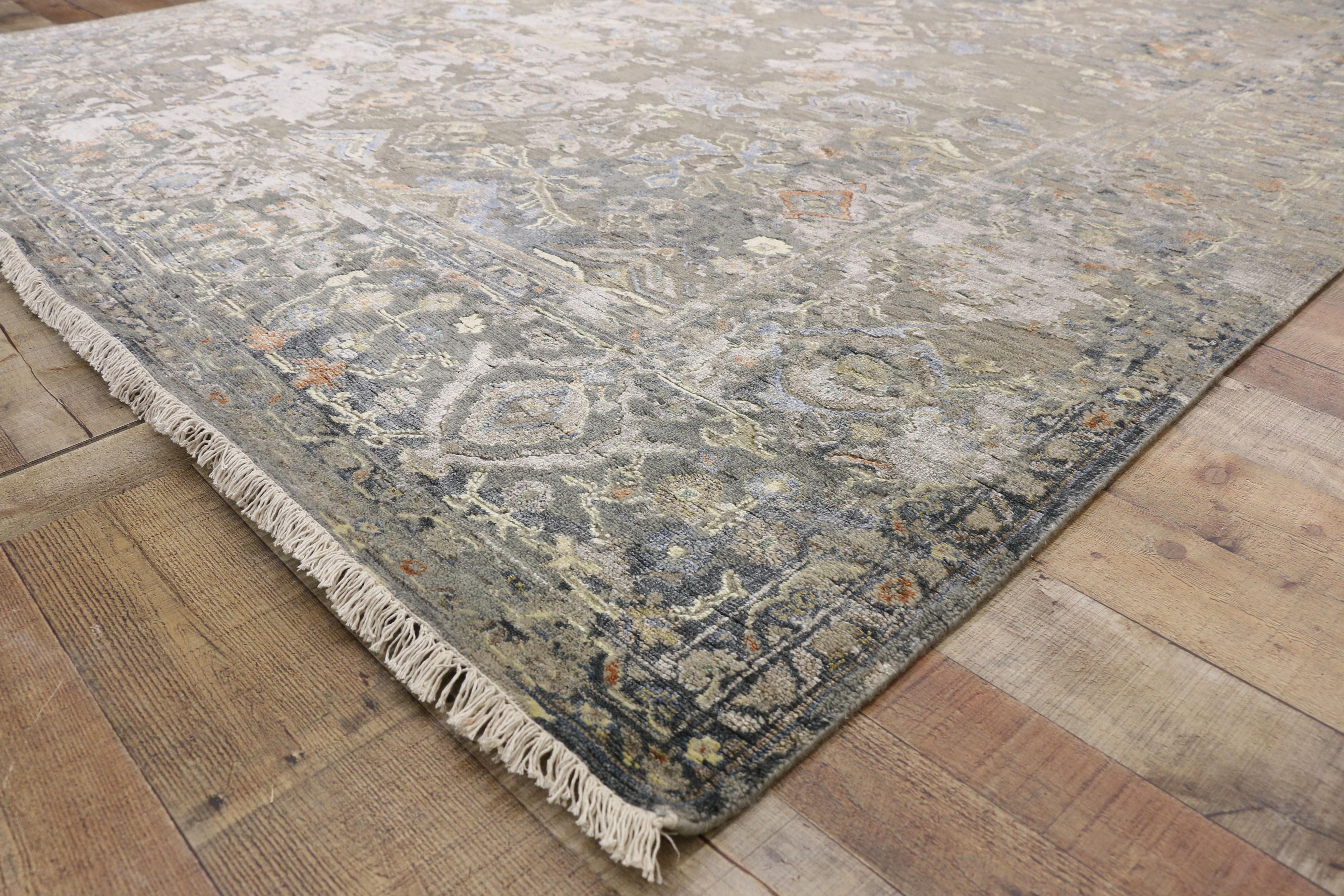 Contemporary Transitional Area Rug with Oushak Pattern and Chinoiserie Style