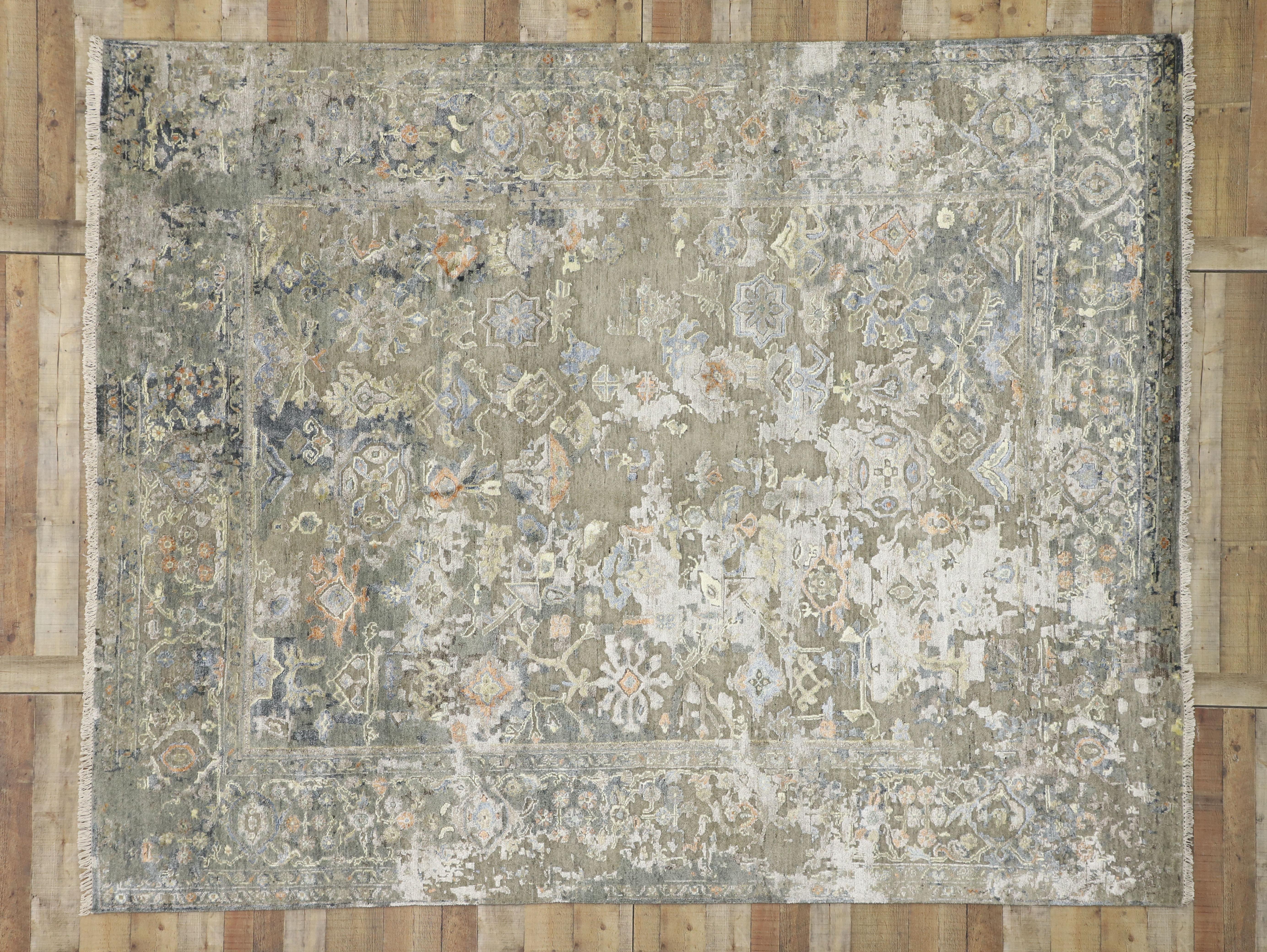 Wool Transitional Area Rug with Oushak Pattern and Chinoiserie Style