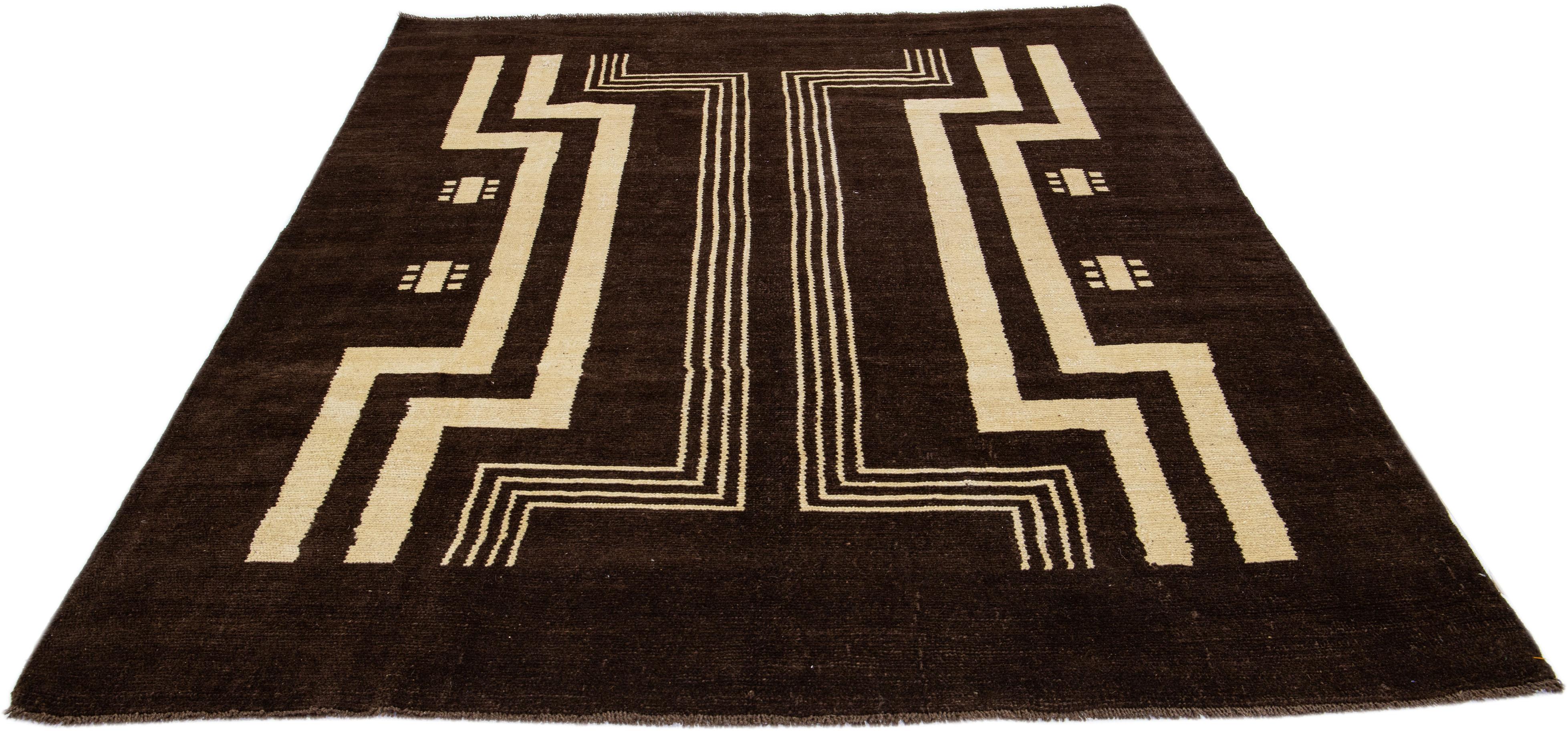 Modern Transitional Art Deco Handmade Dark Brown Wool Rug with Tribal Design by Apadana For Sale