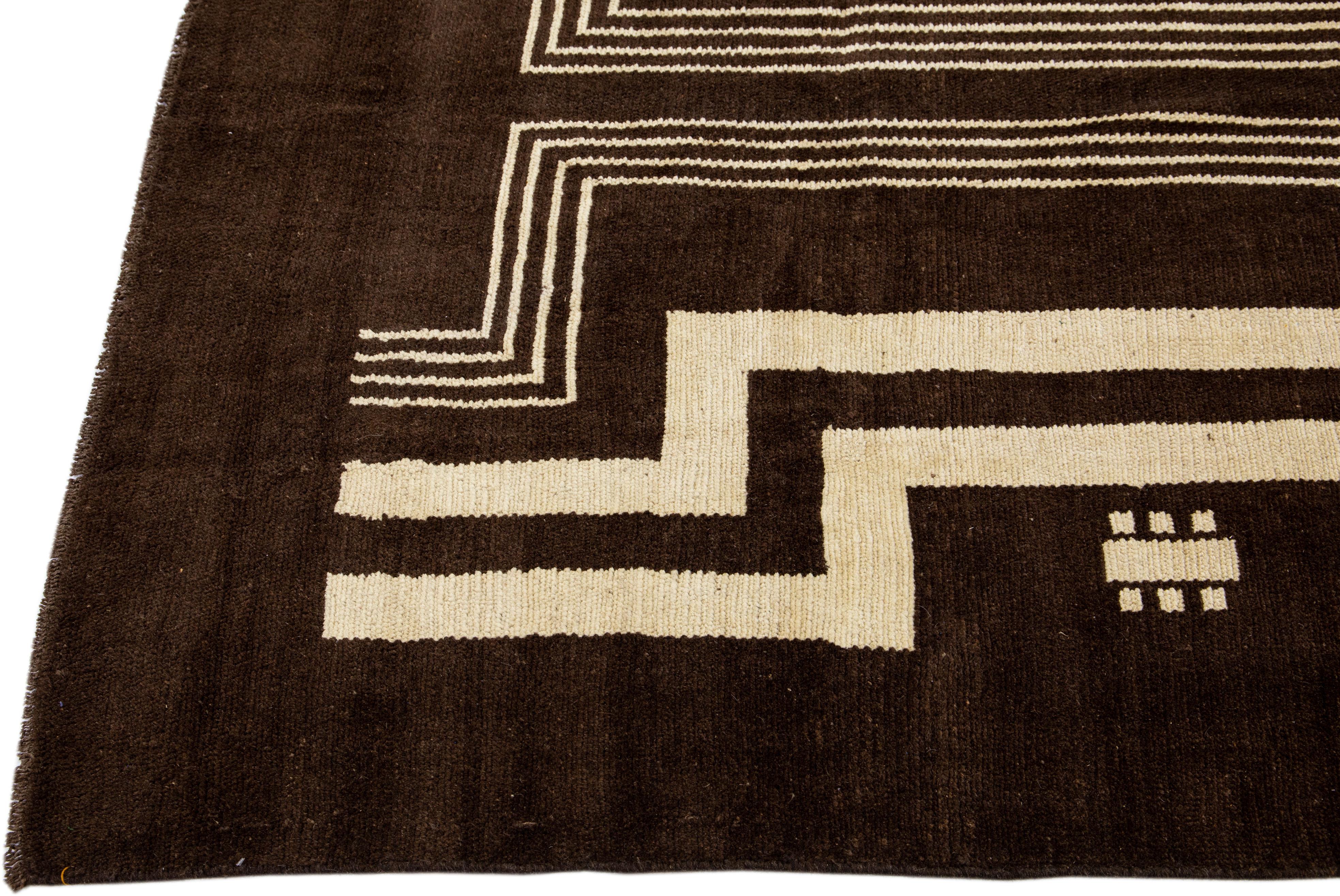 Afghan Transitional Art Deco Handmade Dark Brown Wool Rug with Tribal Design by Apadana For Sale
