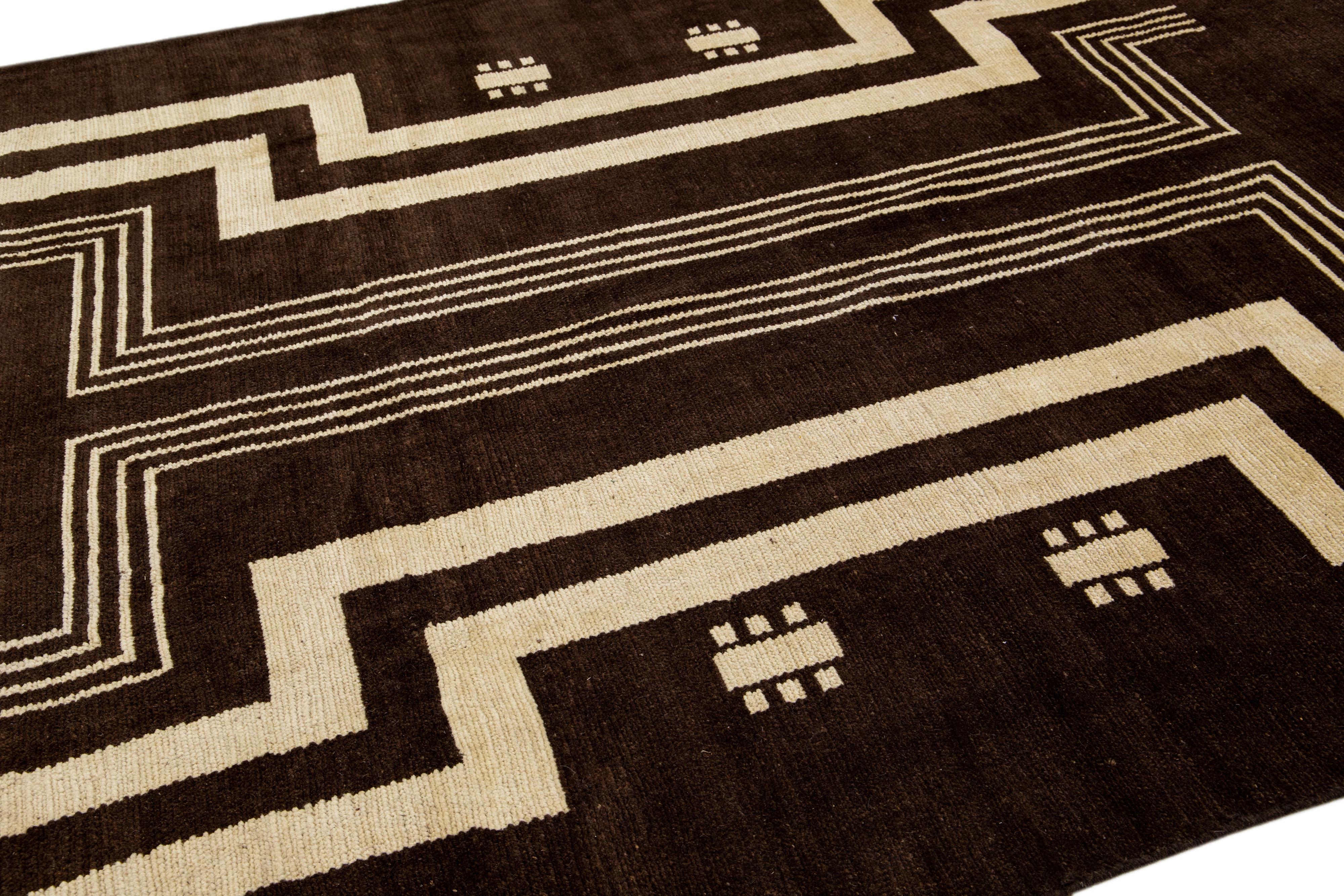 Hand-Knotted Transitional Art Deco Handmade Dark Brown Wool Rug with Tribal Design by Apadana For Sale