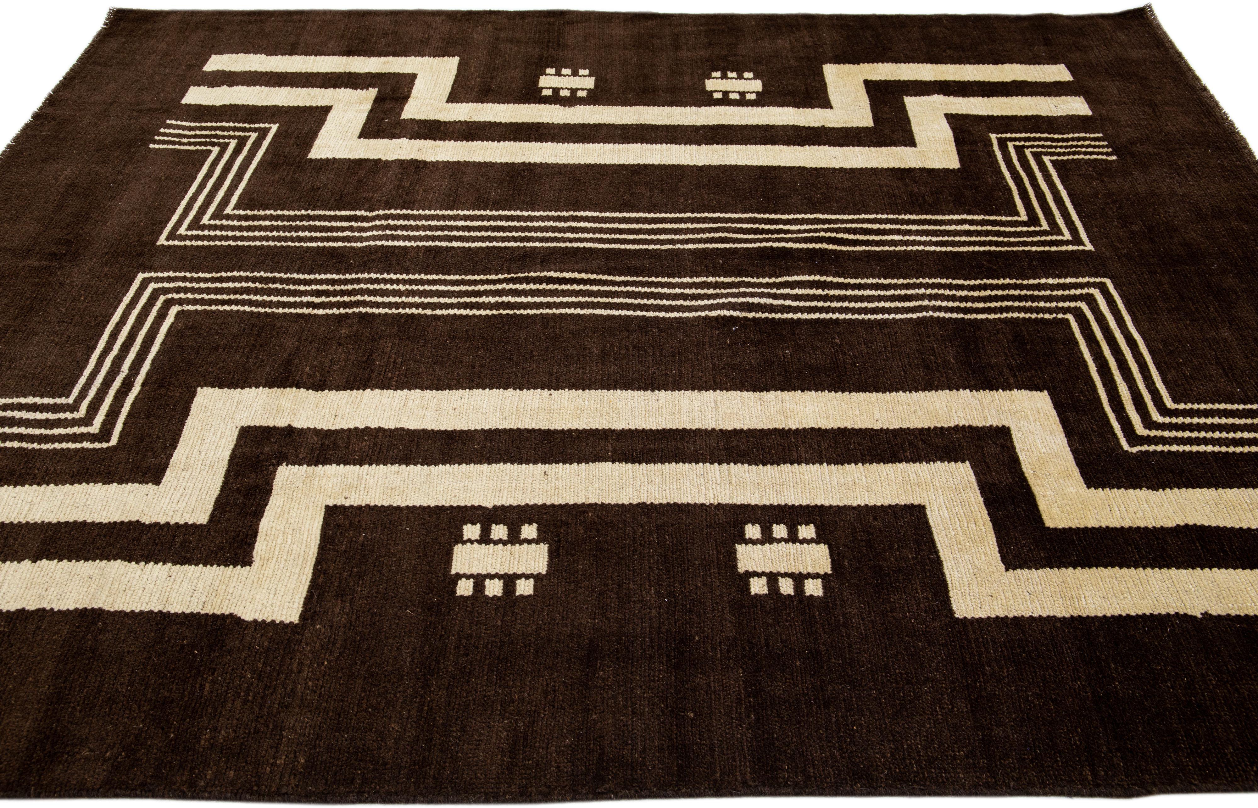 Transitional Art Deco Handmade Dark Brown Wool Rug with Tribal Design by Apadana In New Condition For Sale In Norwalk, CT
