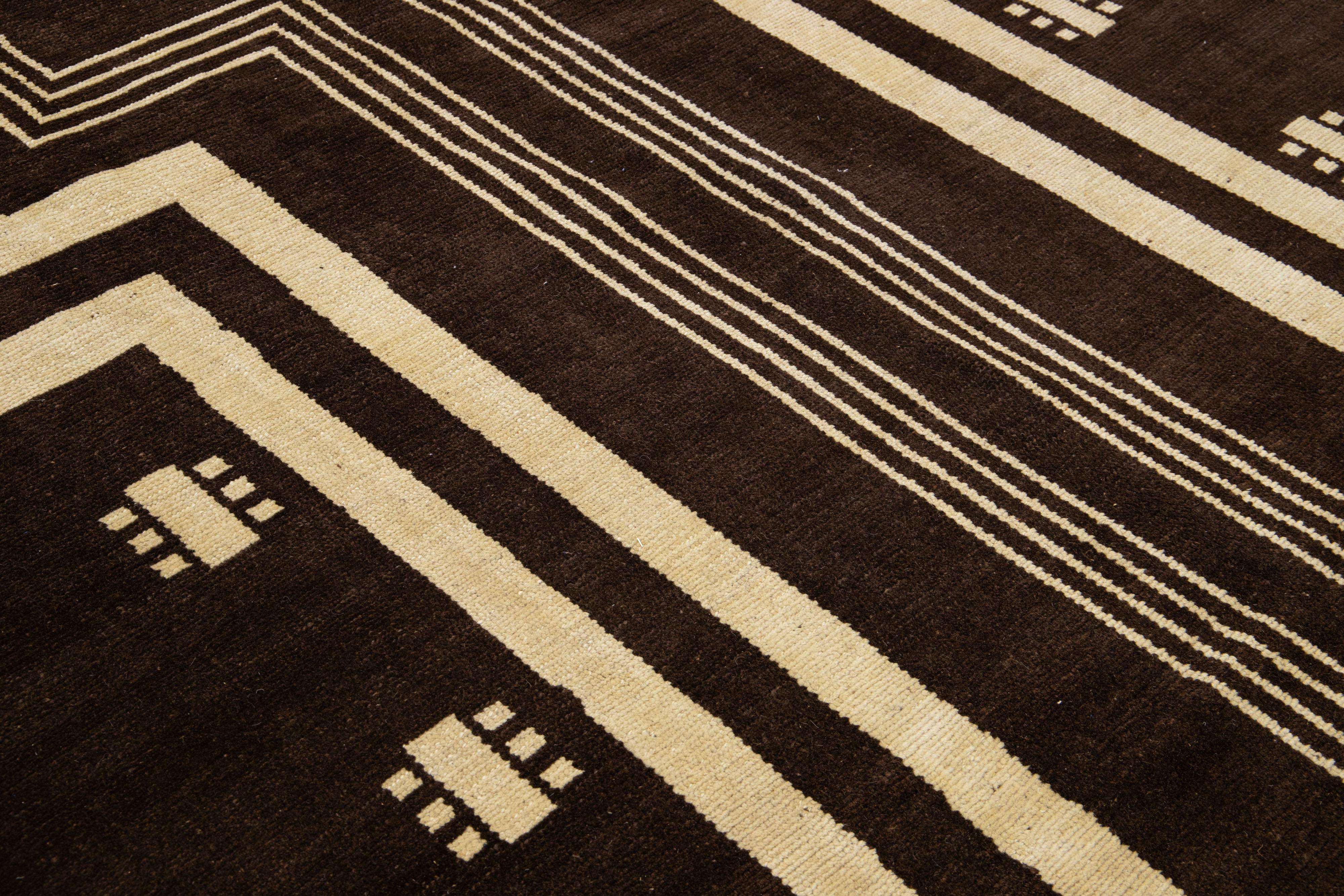Contemporary Transitional Art Deco Handmade Dark Brown Wool Rug with Tribal Design by Apadana For Sale