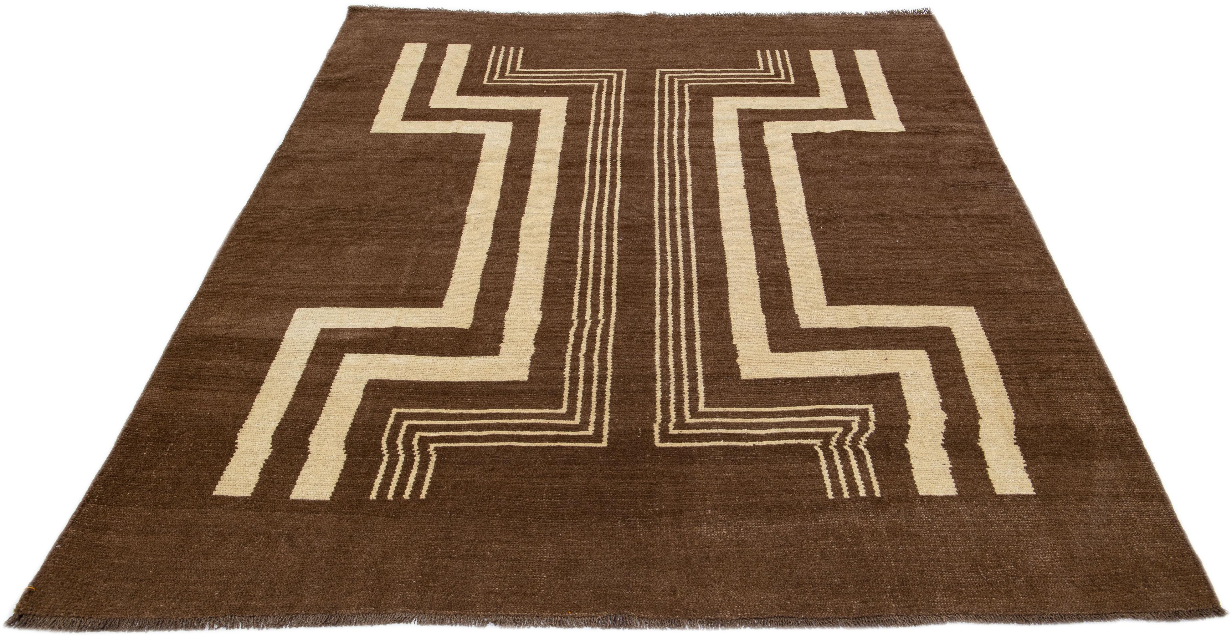 Modern Transitional Art Deco Style Brown Handmade Designed Wool Rug by Apadana For Sale