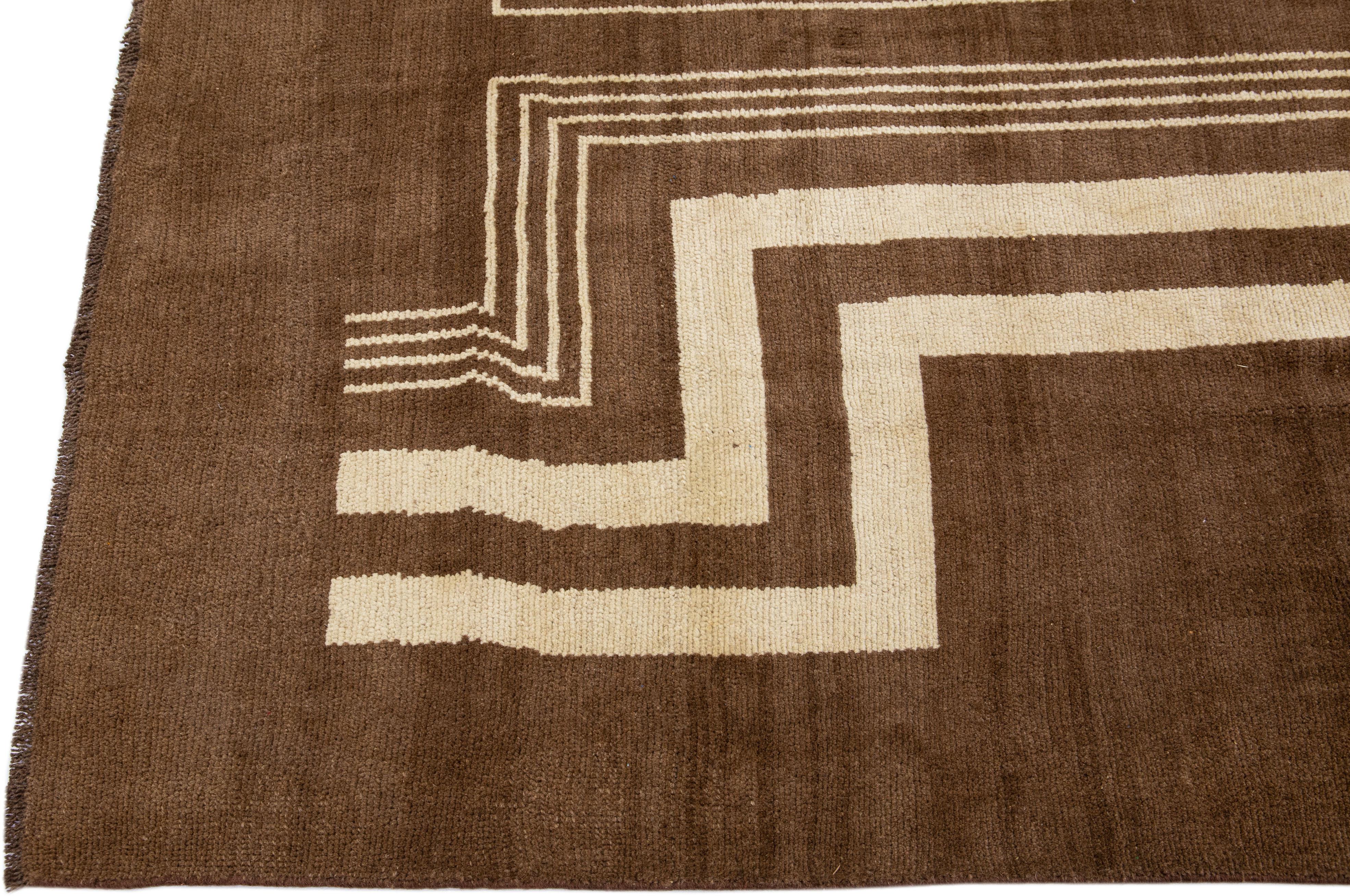 Afghan Transitional Art Deco Style Brown Handmade Designed Wool Rug by Apadana For Sale